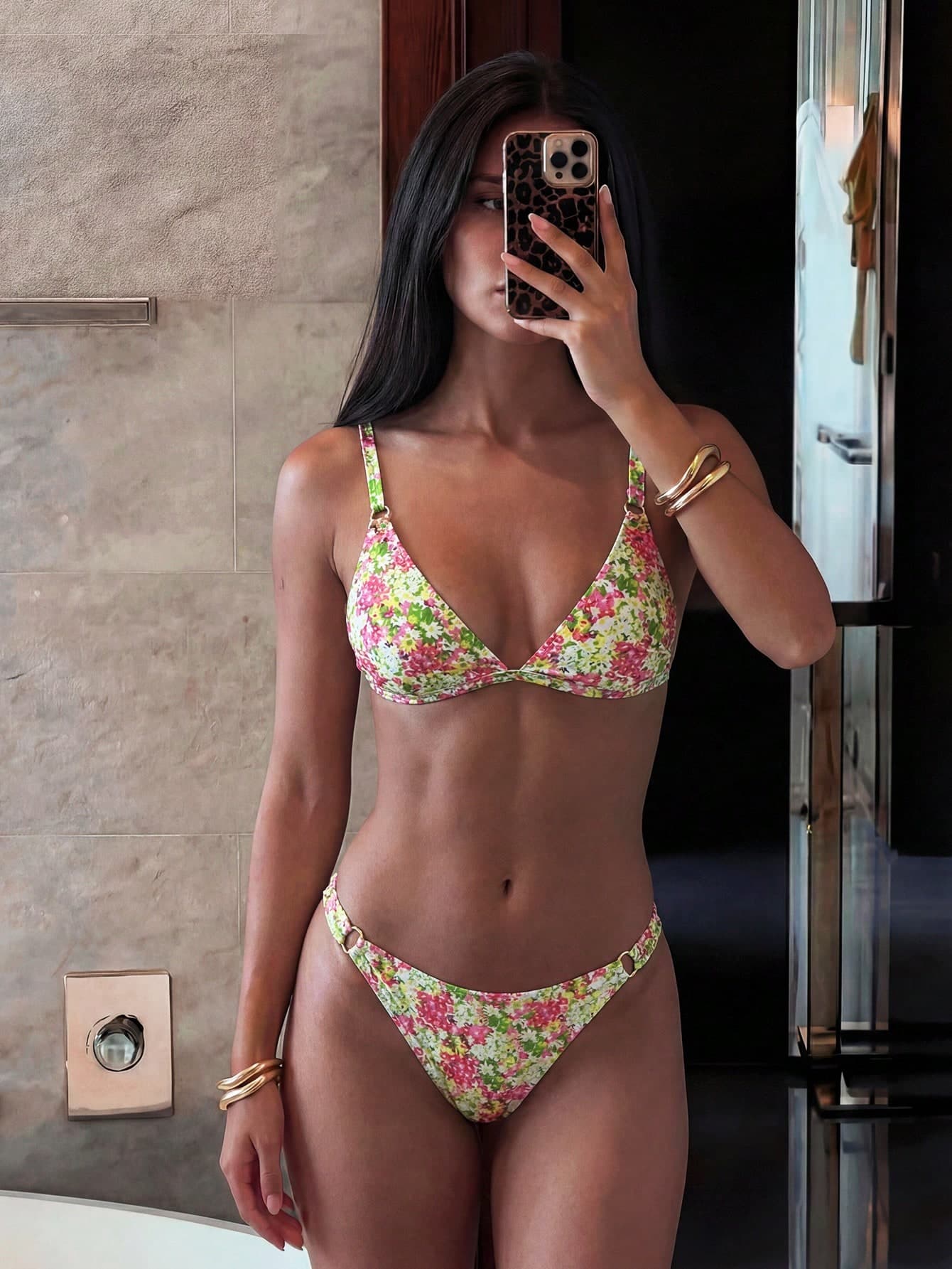 Costavie Women's Ditsy Floral Bikini Set,Lime Green Summer Casual Beach Holiday Vacation 2 Pieces Set Vintage Floral Swimwear Outfits For Sunbathing
