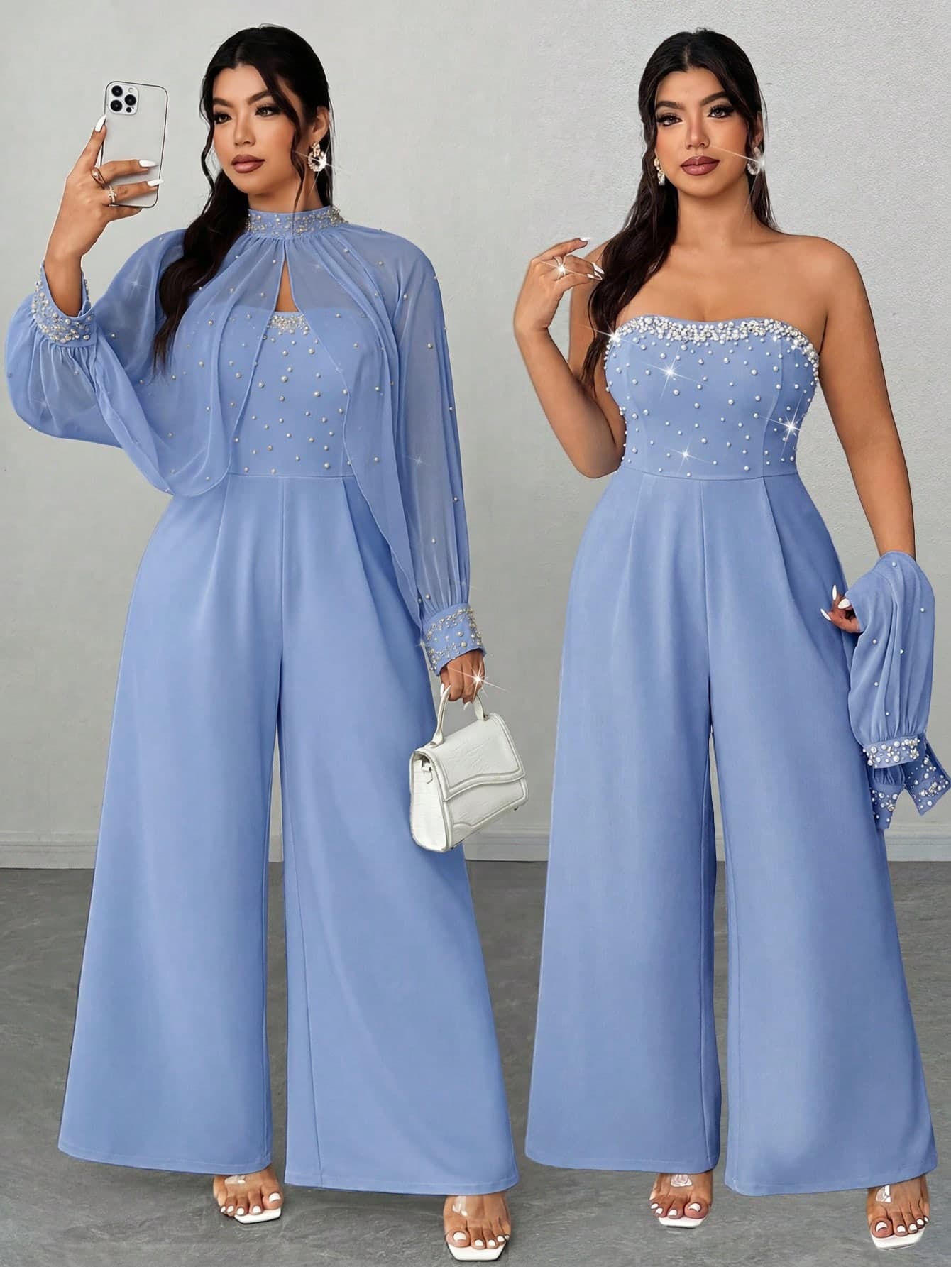 Elenzga Plus Size Women Light Blue Summer Elegant Wedding Guest Chiffon Beaded & Rhinestone Stand Collar Long Sleeve Top And Strapless Wide Leg Jumpsuit Set