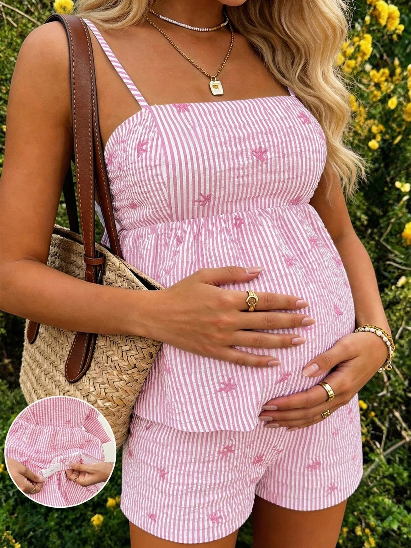 Lyckli Maternity Striped & Bow Print Camisole And Shorts Casual 2 Pieces Set