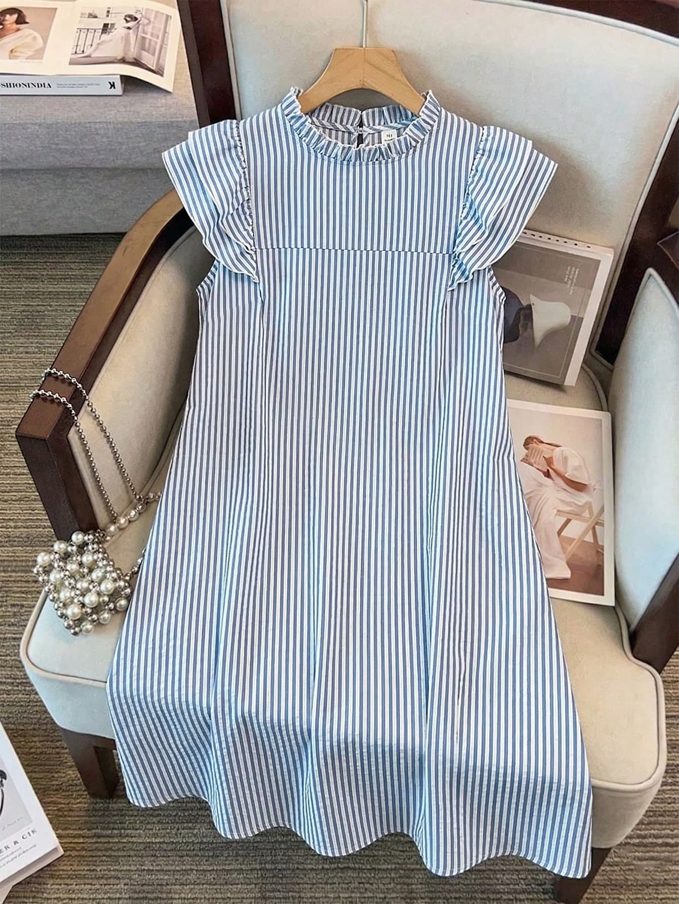 GlowEve CURVE Plus Size Women's Frill Trim Round Neck Beaded Double Layer Cap Sleeve Loose Dress,Blue And White Striped Boho Summer Elegant Tea Party Sundress