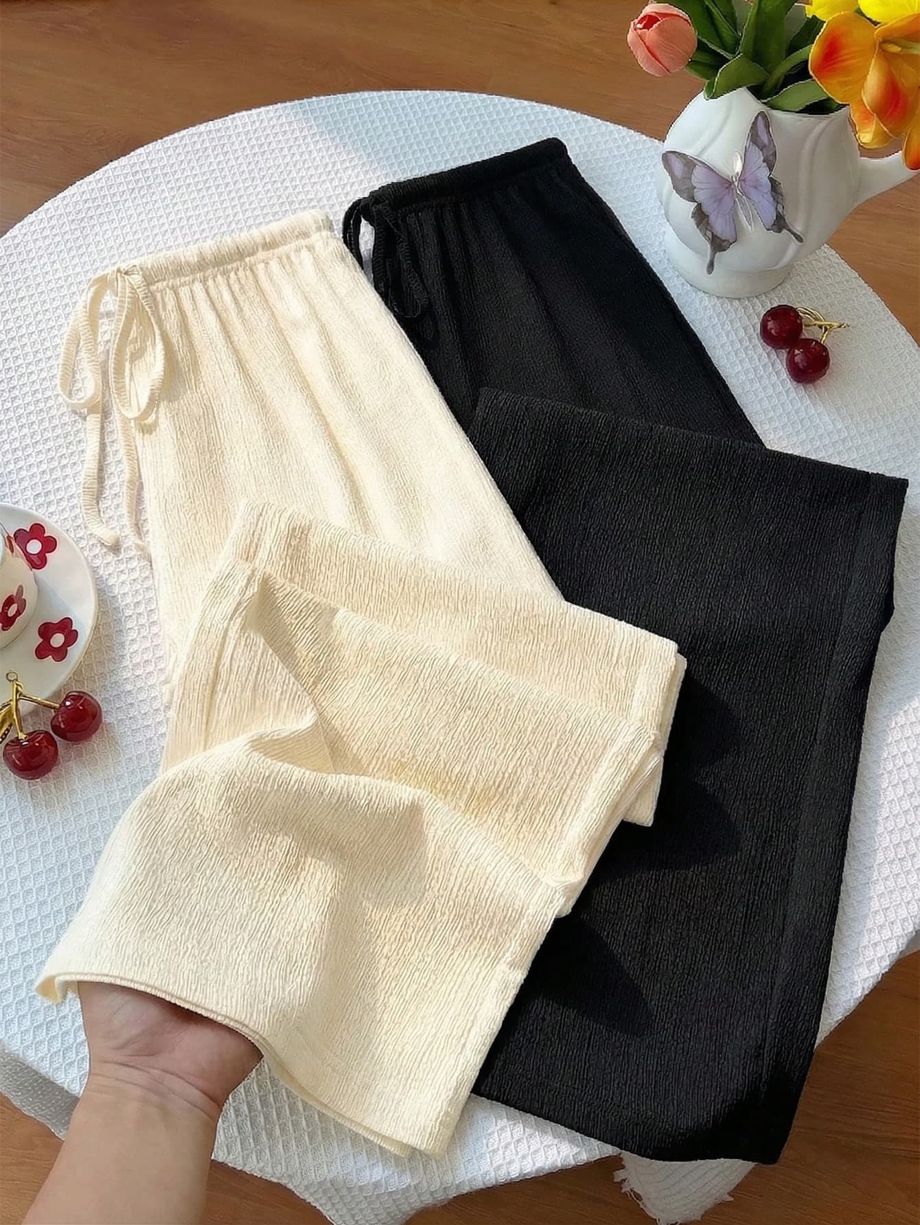 Sweetra Y2K Casual Vacation Versatile Collegiate Textured Wide Leg Pants