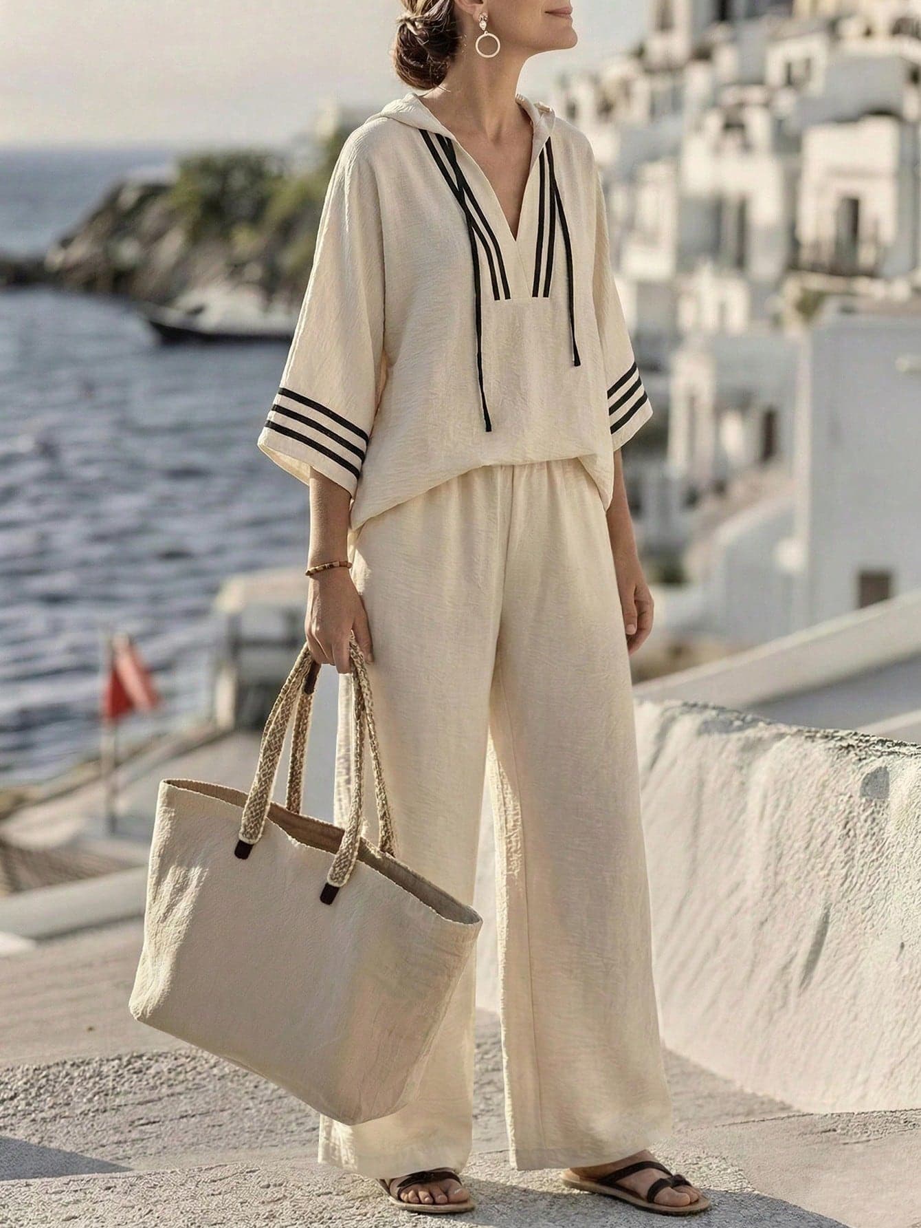 Breezaya Women's Summer Beige Casual Vacation Holiday Two-Piece Set, V-Neck Striped Hooded Top & Loose Wide Leg Pants, Slouchy Seaside Fashionable Outfits