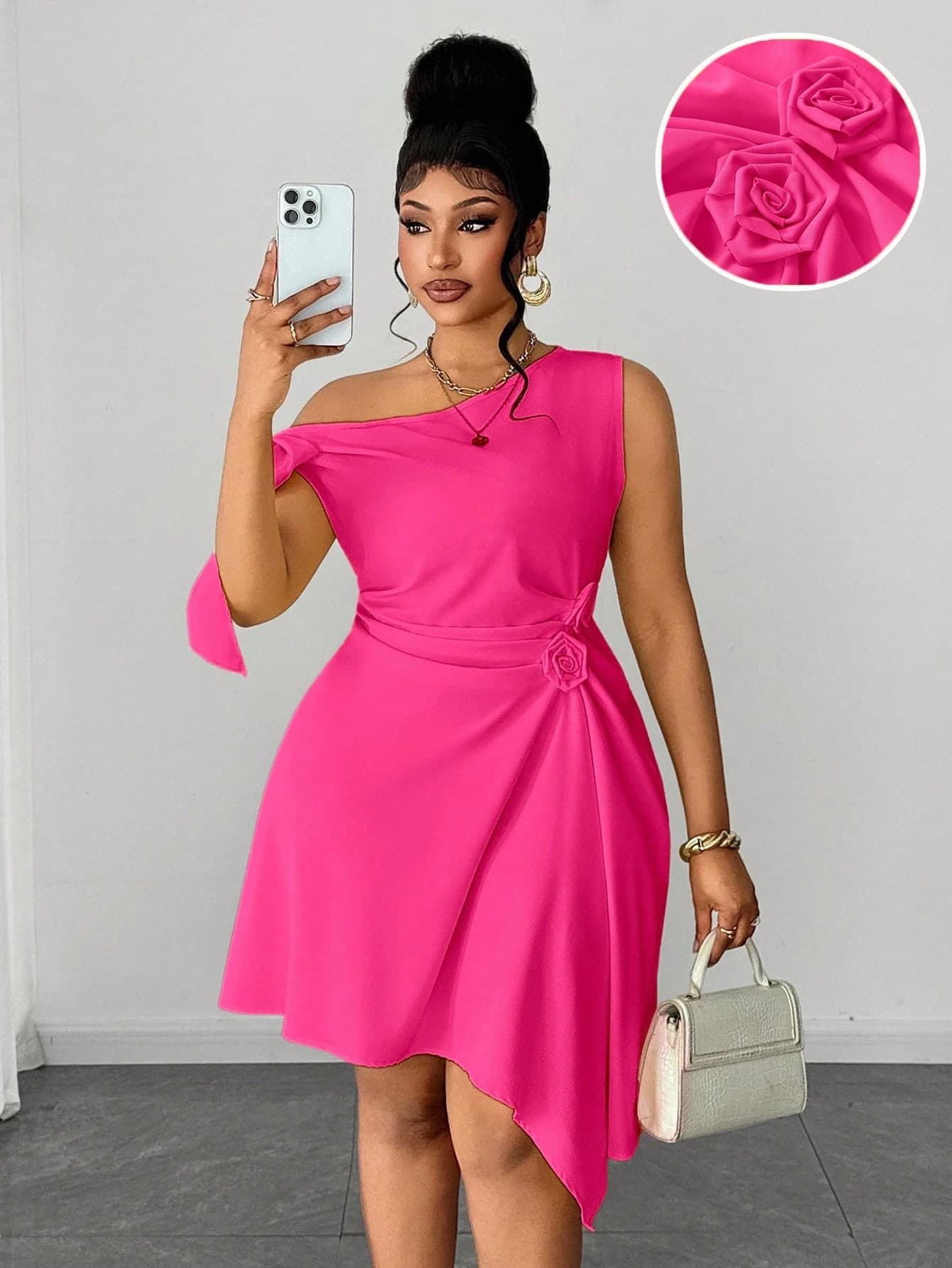 Maweii Hot Pink,Summer,Curve,Elegant,Cocktail Sophisticated Plus Size Women's Dress,Spring & Summer Asymmetric Ruffle Hem Vacation Dress,Unique Design Wear