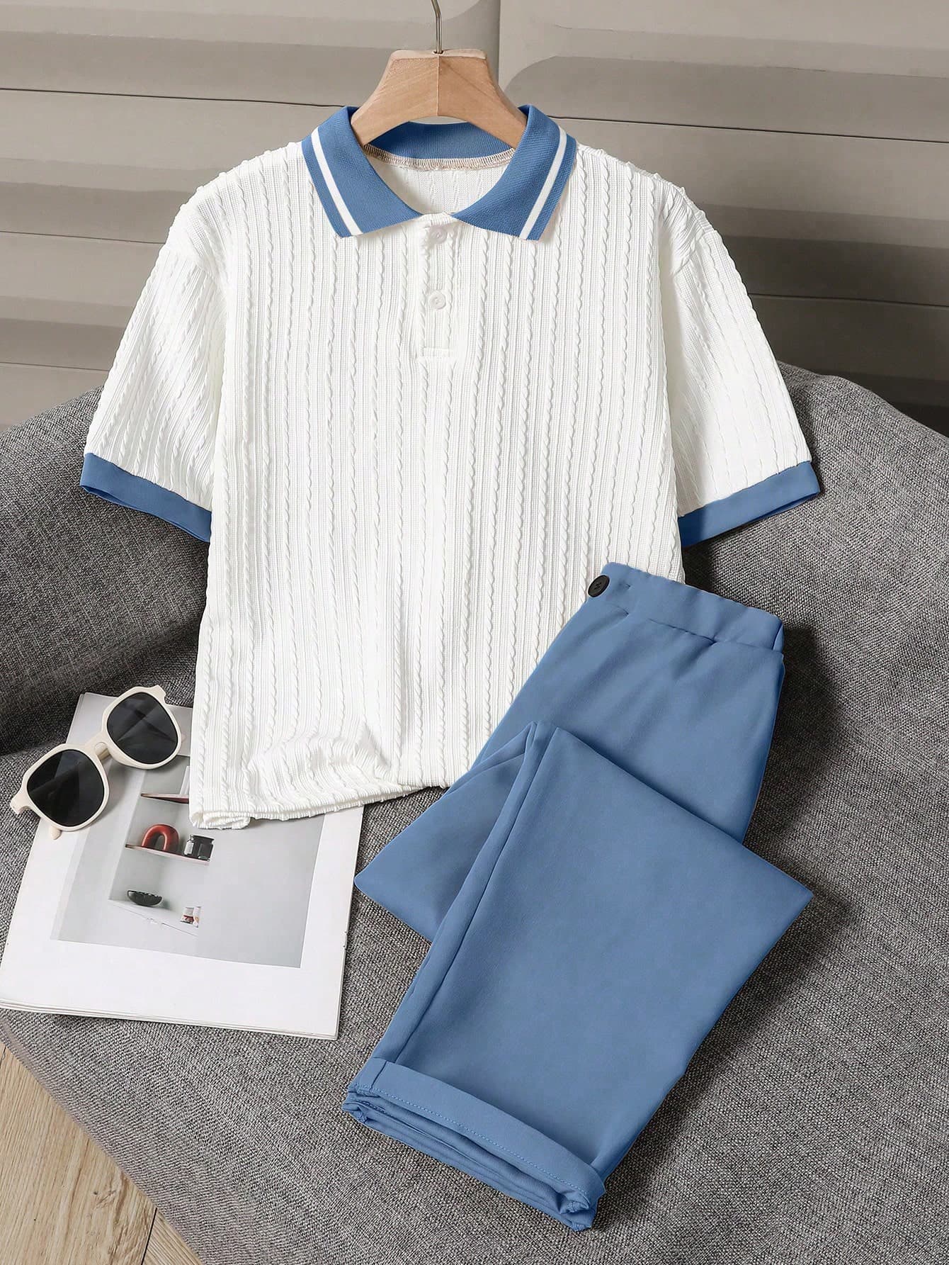 SHEIN Elegant Teen Boy's White Textured Short Sleeve Polo And Dusty Blue Straight Leg Long Pants Set