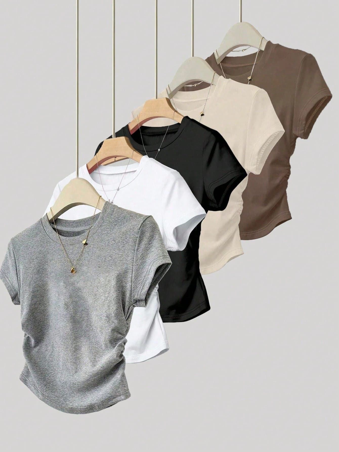 INAWLY 5pcs/Set Women's Summer New Slim Fit Waist Tops, Black, White, Floral Gray, Khaki, Apricot, Fashion Versatile T-Shirts