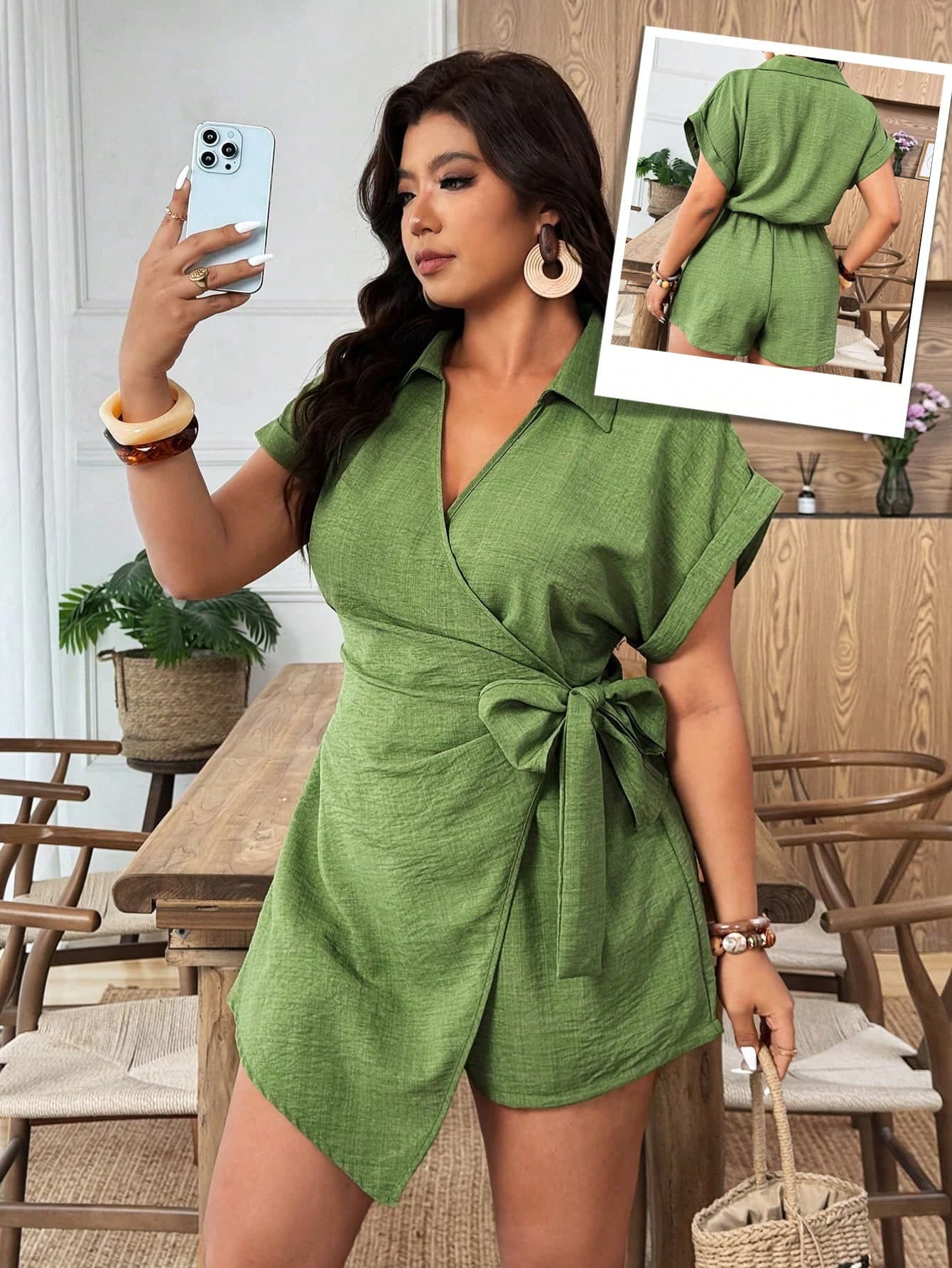 Weeklong Plus Size Women Cinched Waist Short Sleeve Jumpsuit,Olive Green Summer Smart Casual Vacation Outfit Resort Wear Two Pieces Sets Shirt Dresses Ladies