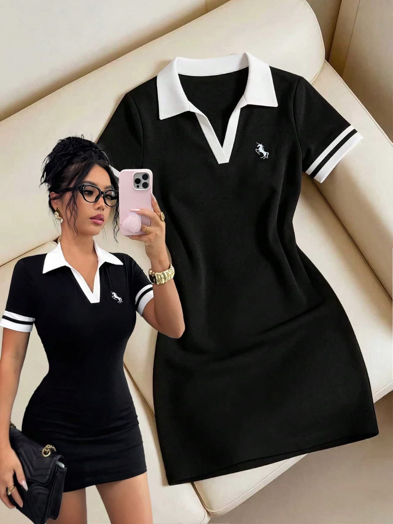 Elenzga Women's Elegant Black And White Summer Casual School Back-To-School Mini Dress,Embroidered Horse Pattern Collared V-Neck Short Sleeve Fitted Dresses