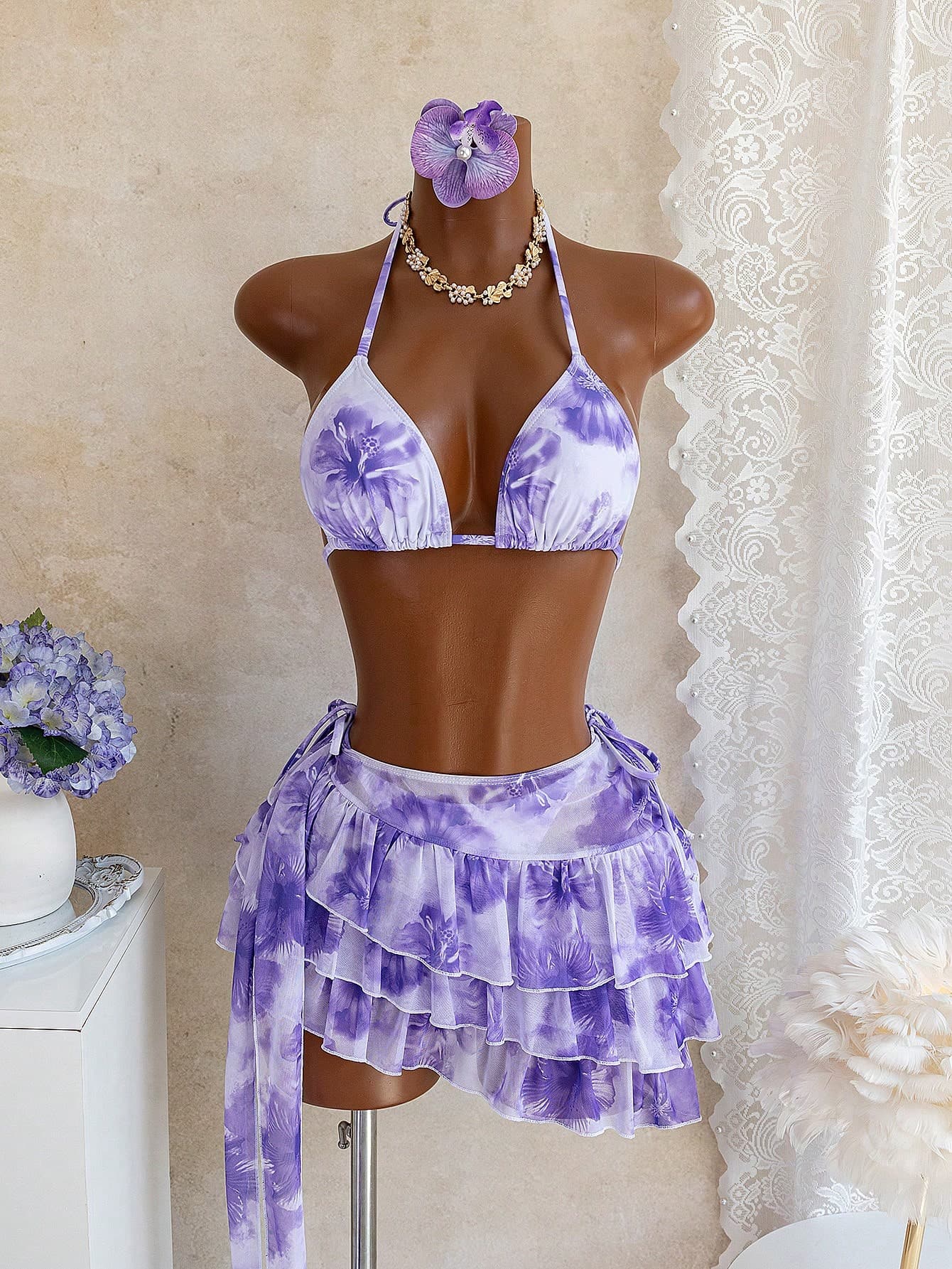Bellisia Summer Vacation Floral Watercolor Print Halter Neck Bikini Top, Tie Side Bikini Bottom, And Wrap Skirt 3-Piece Swimwear Set