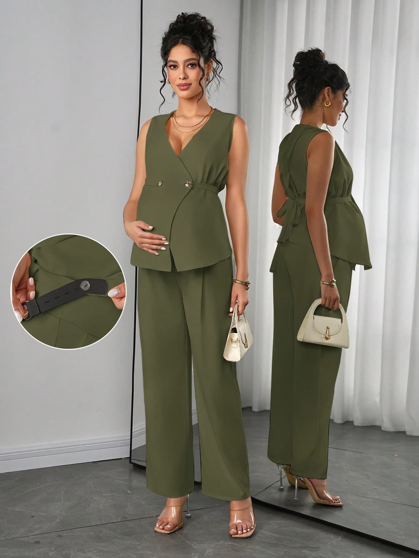 Momance Maternity Solid Color Pleated Tie Shirt And Adjustable Waist Casual Pants Suit