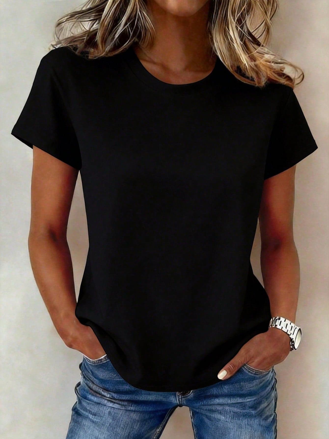 EMERY ROSE Women's Solid Color Casual Versatile Round Neck Short Sleeve T-Shirt