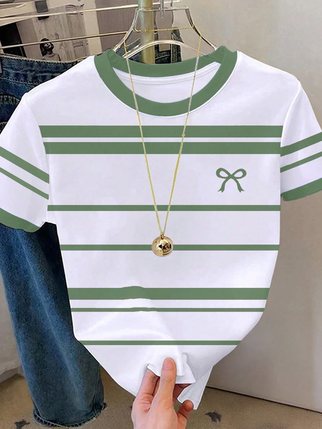 Resyla Women's Fashion Casual Striped Bow Graphic Print Contrast Color Round Neck Short Sleeve T-Shirt