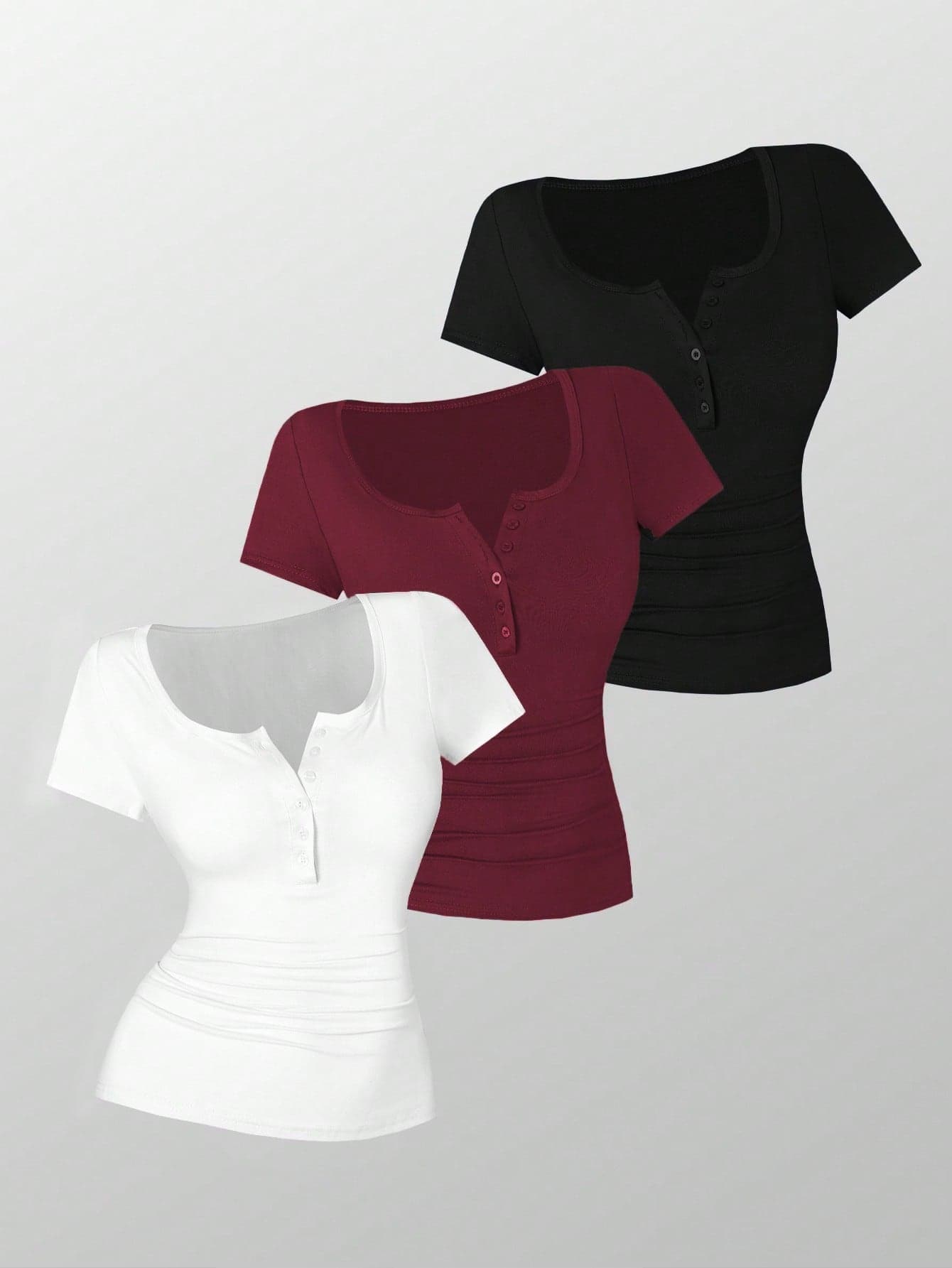INAWLY Plus Size Solid Color Minimalist Button Decor Round Neck Casual T-Shirt