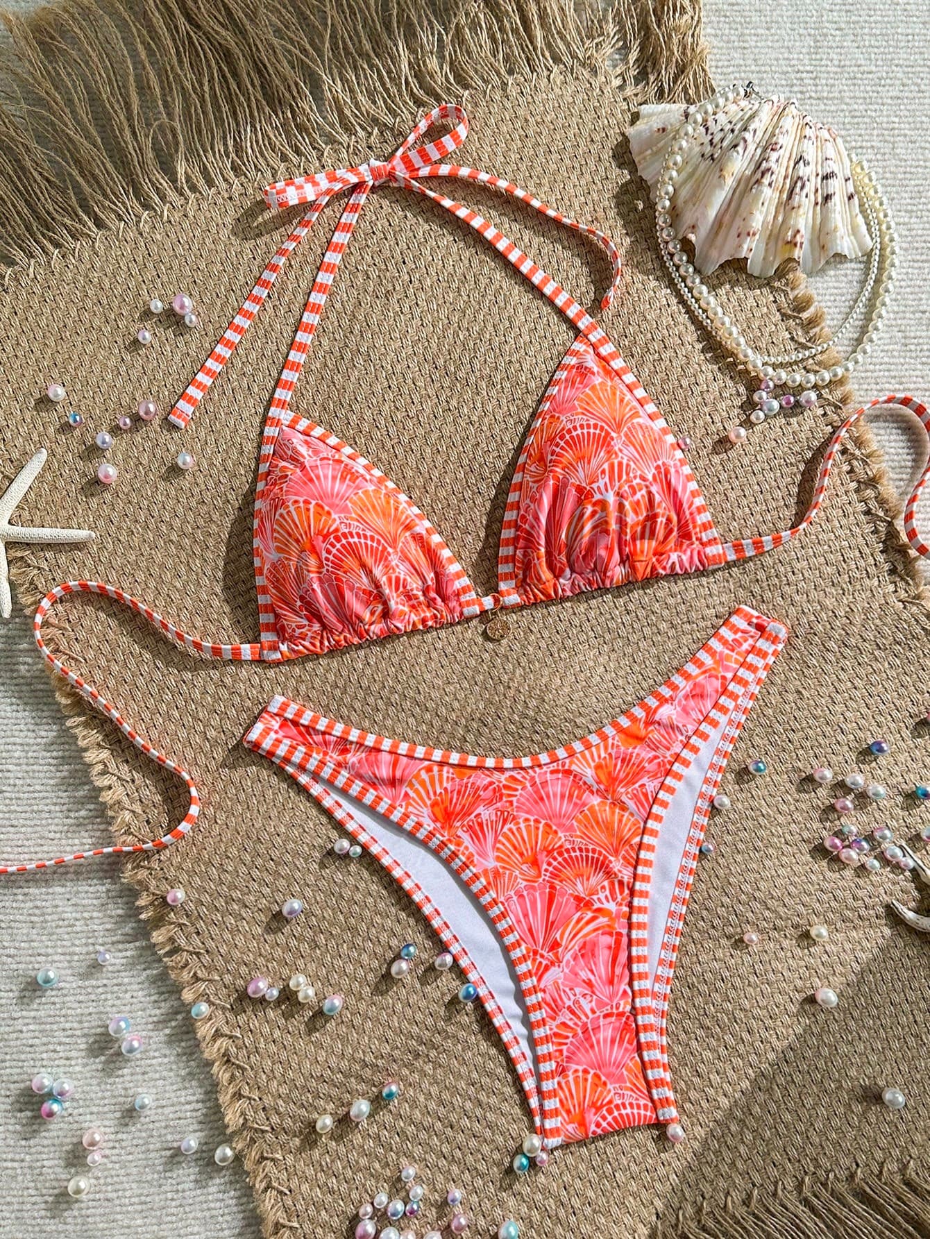 Swim Vcay Allover Shell Print Halter Triangle Bikini Swimwear With Stripe Trim,White,Summer,Cute,Beach Vacation,Holiday,Party,Holiday Beaded Rhinestone Bathing