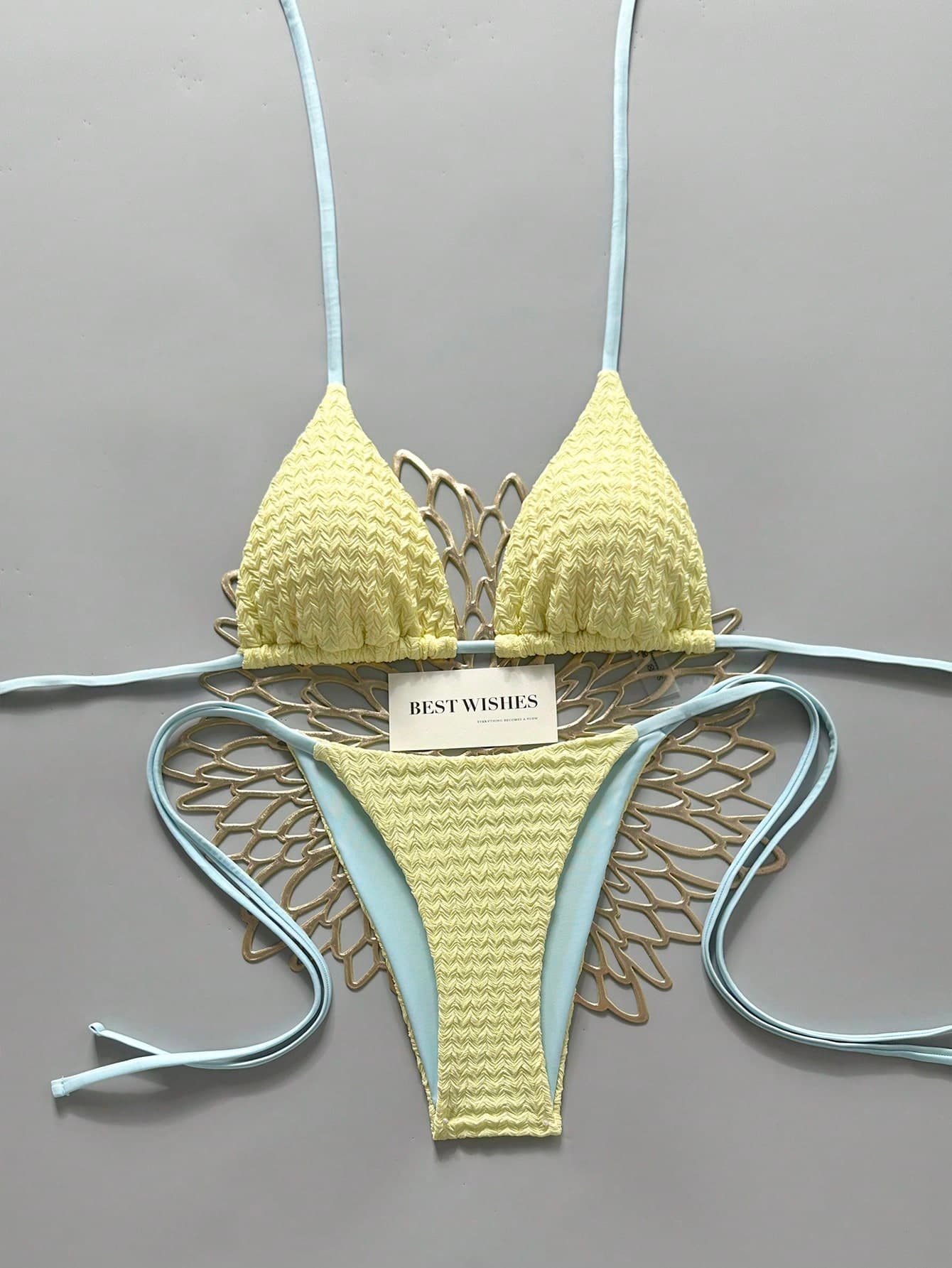 Swim Mod Yellow,Summer,Casual,Beach,Holiday,Vacation,Holiday 2026 Blue Patchwork Spaghetti Strap High Cut Tie-Side Bikini Swimwear 2 Pieces Set Crochet Women