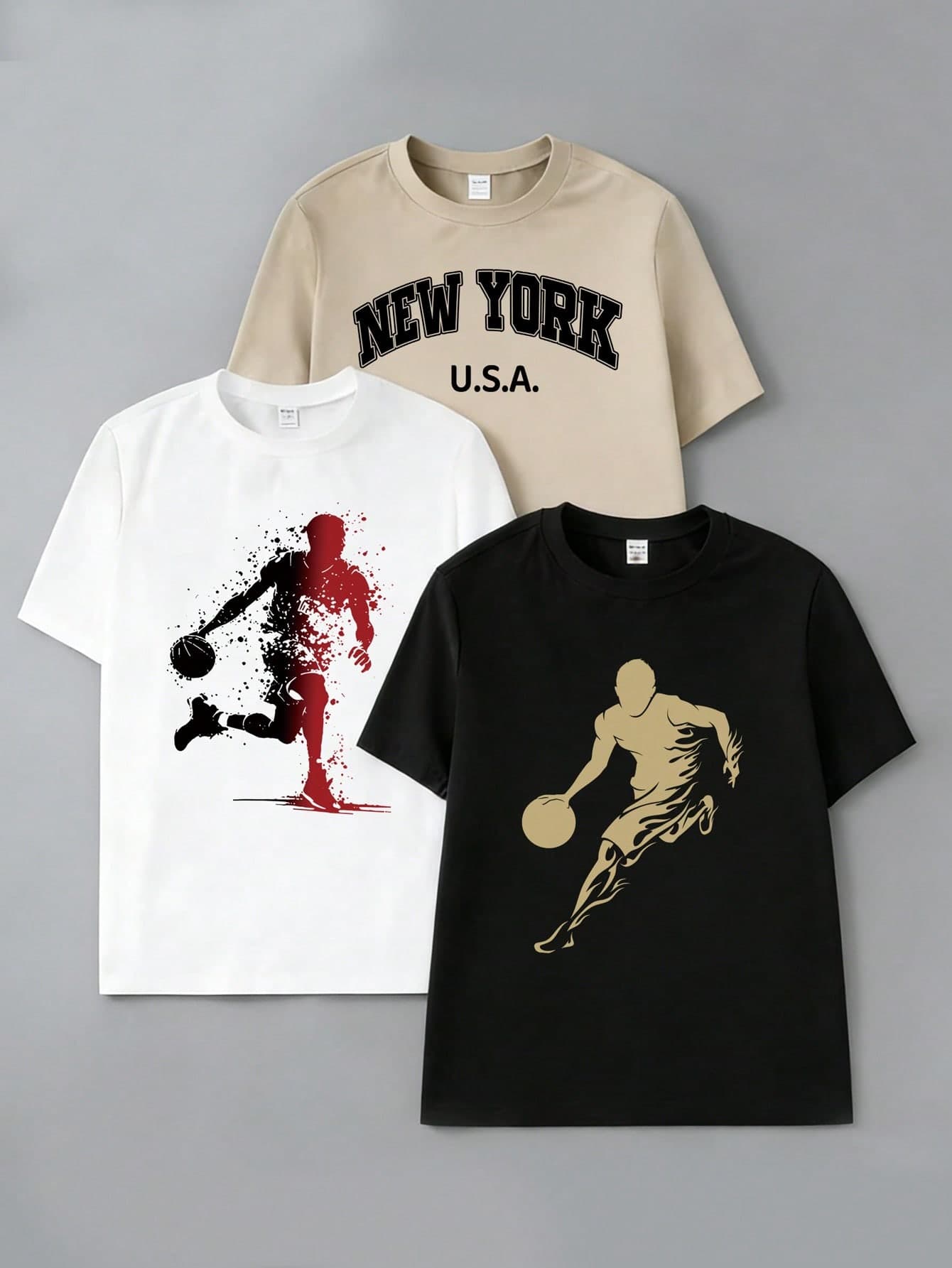 SHEIN Coolqubz 3pcs/Set Teenager Boys' New York City Letter & Basketball Silhouette Print Casual Round Neck Short Sleeve T-Shirts