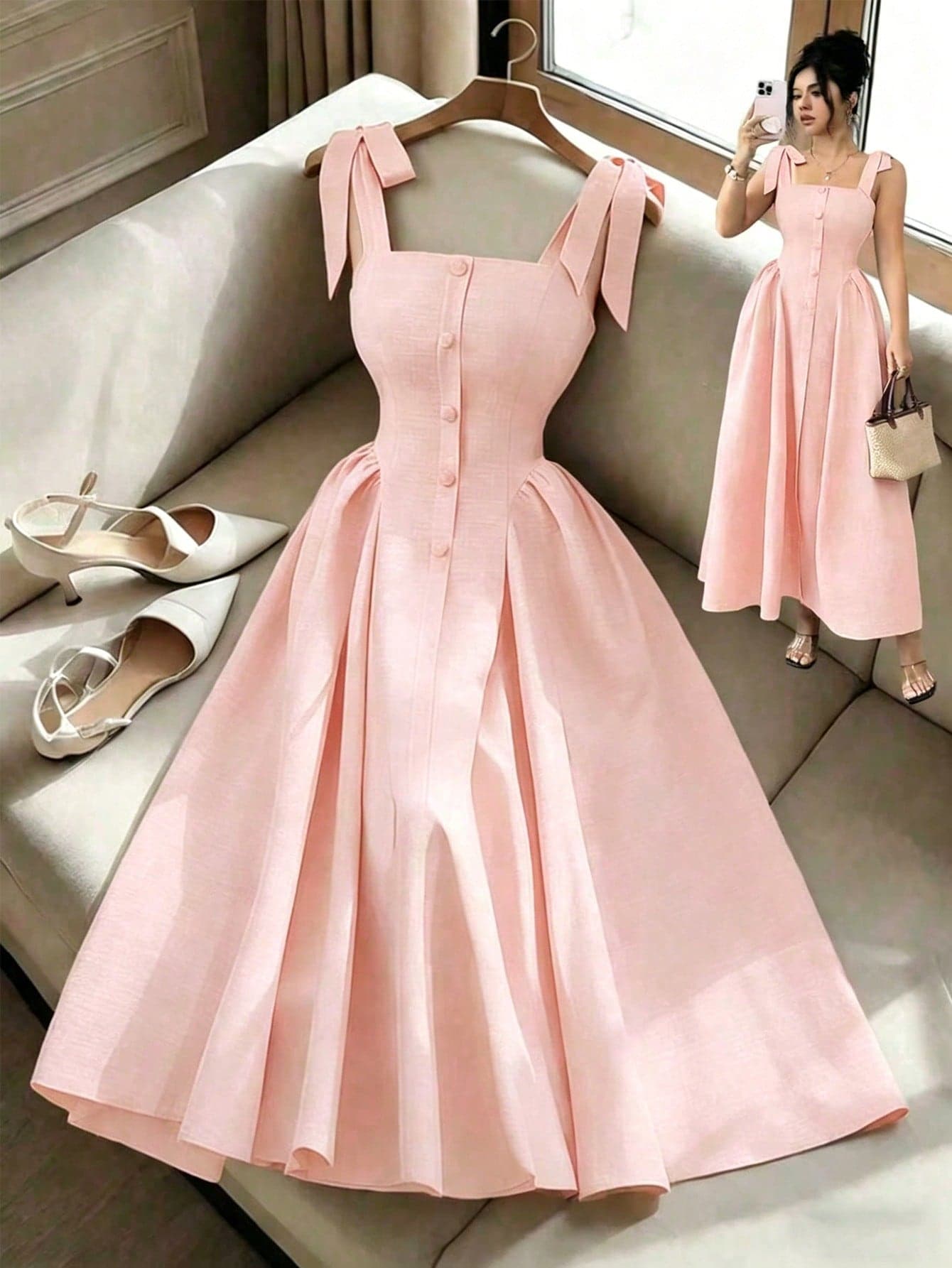 Elenzga New Arrival Tie-Shoulder Textured Bicolor Woven Midi Dress, Youthful Elegant Versatile Office Wear