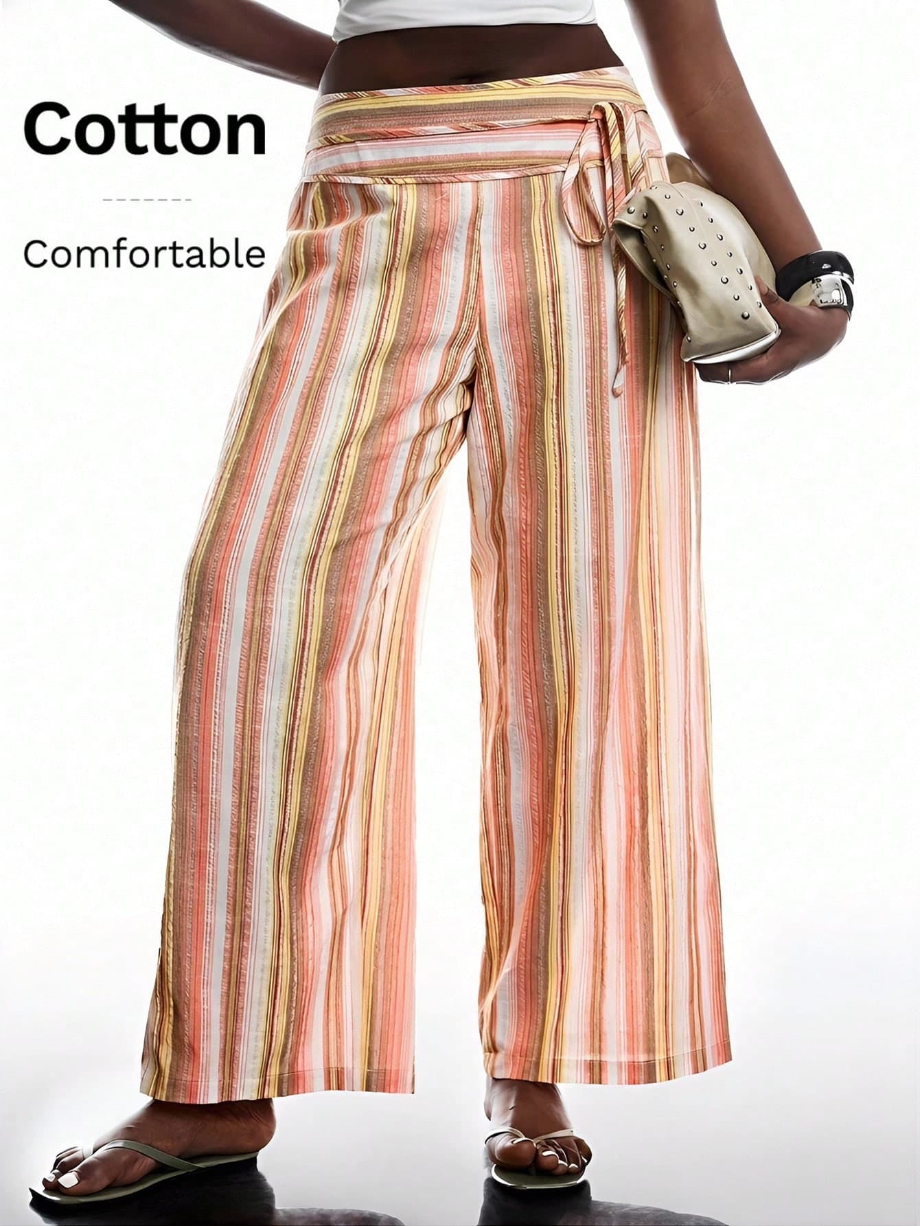 SHEIN EZwear Colorful Striped Tie-Up Patchwork Plus Size Casual Pants, Spring/Summer Boho Pants For Women Bohemian Trousers Beach Cover Up Pants Fall