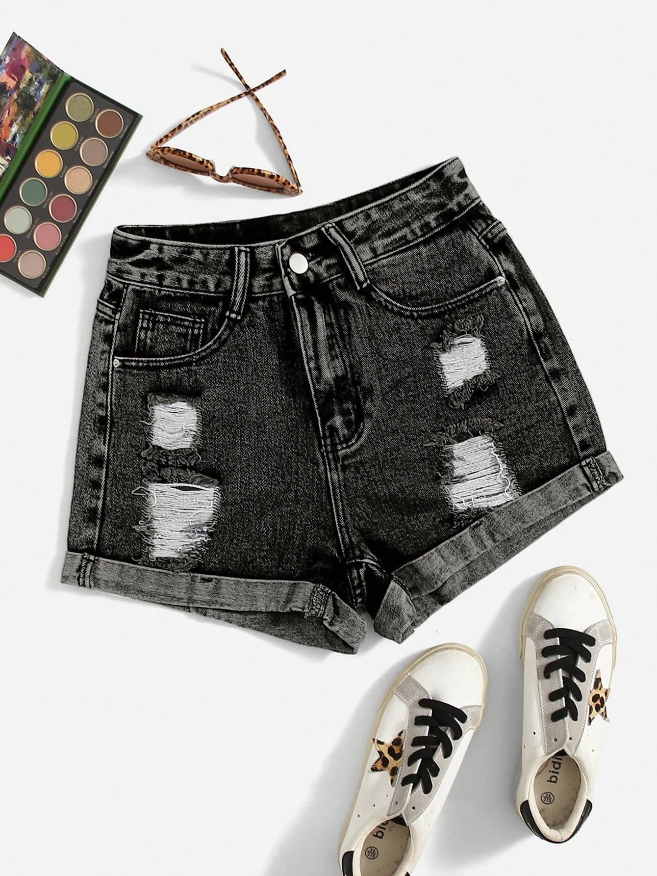 SHEIN Essnce Women's Summer Street Ripped Slant Pocket Cuffed Denim Shorts