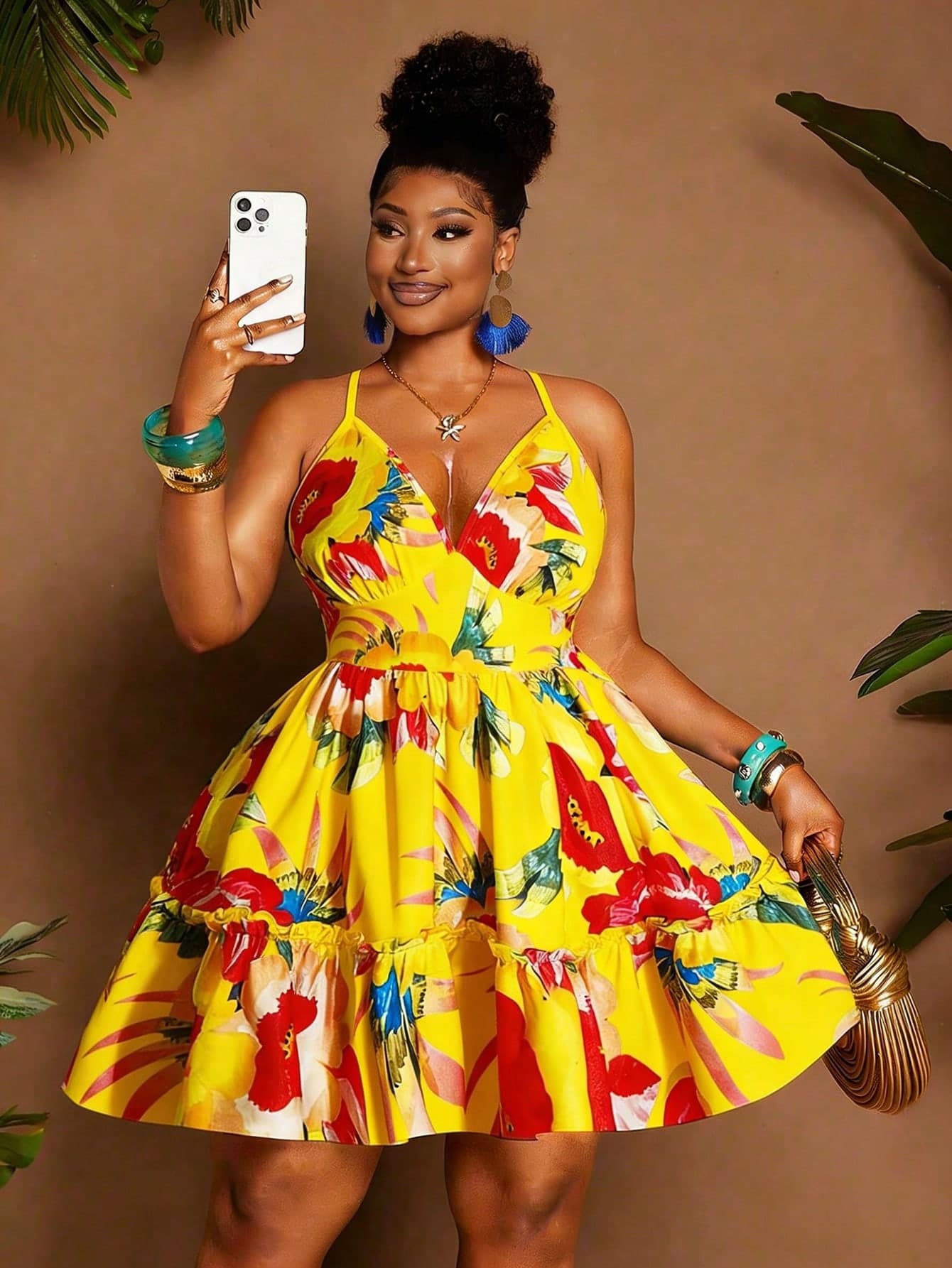 Maweii Plus Size Women's Tropical Floral Print Shirred Backless Elastic Waist Ruffled Hem Maxi Dress, Suitable For Party, Beach, Vacation