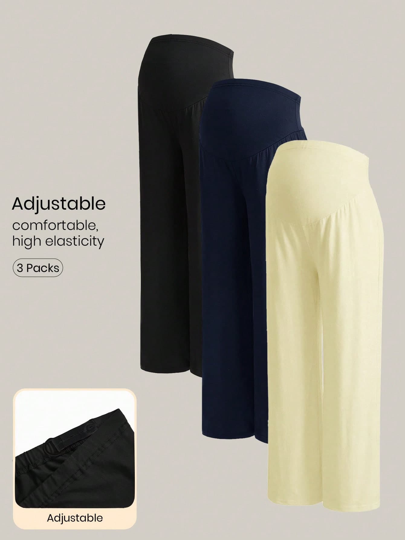 Modmama 3pcs/Set Maternity Solid Color Adjustable Waist Casual Versatile Wide Leg Pants For Daily Wear Fall