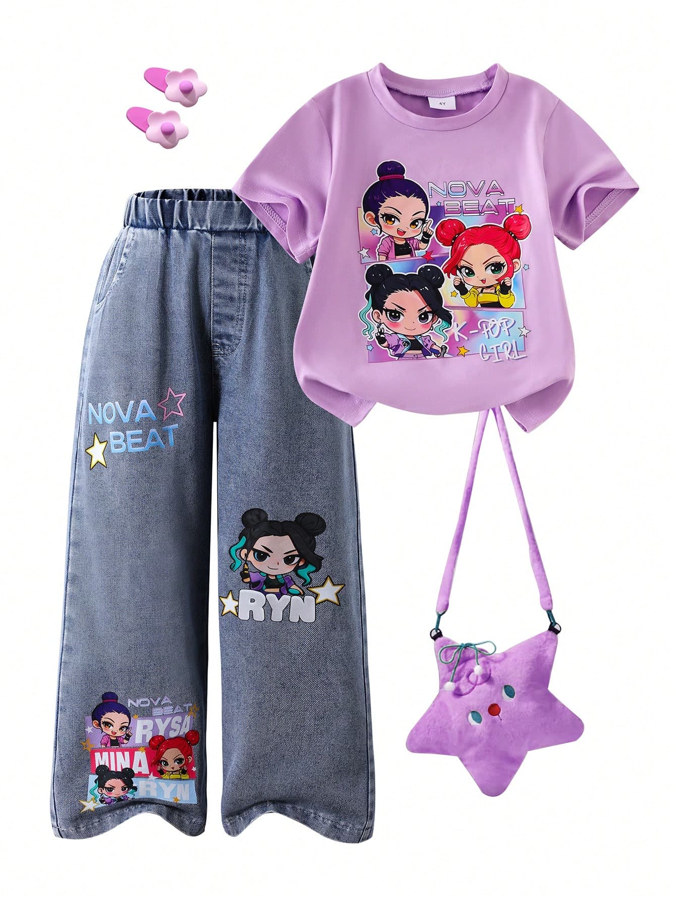 2pcs/Set Girls Purple Short Sleeve Cartoon Print T-Shirt With Straight Leg Denim Jeans Pants,Summer School Back-To-School Kawaii Fashionable Outfits