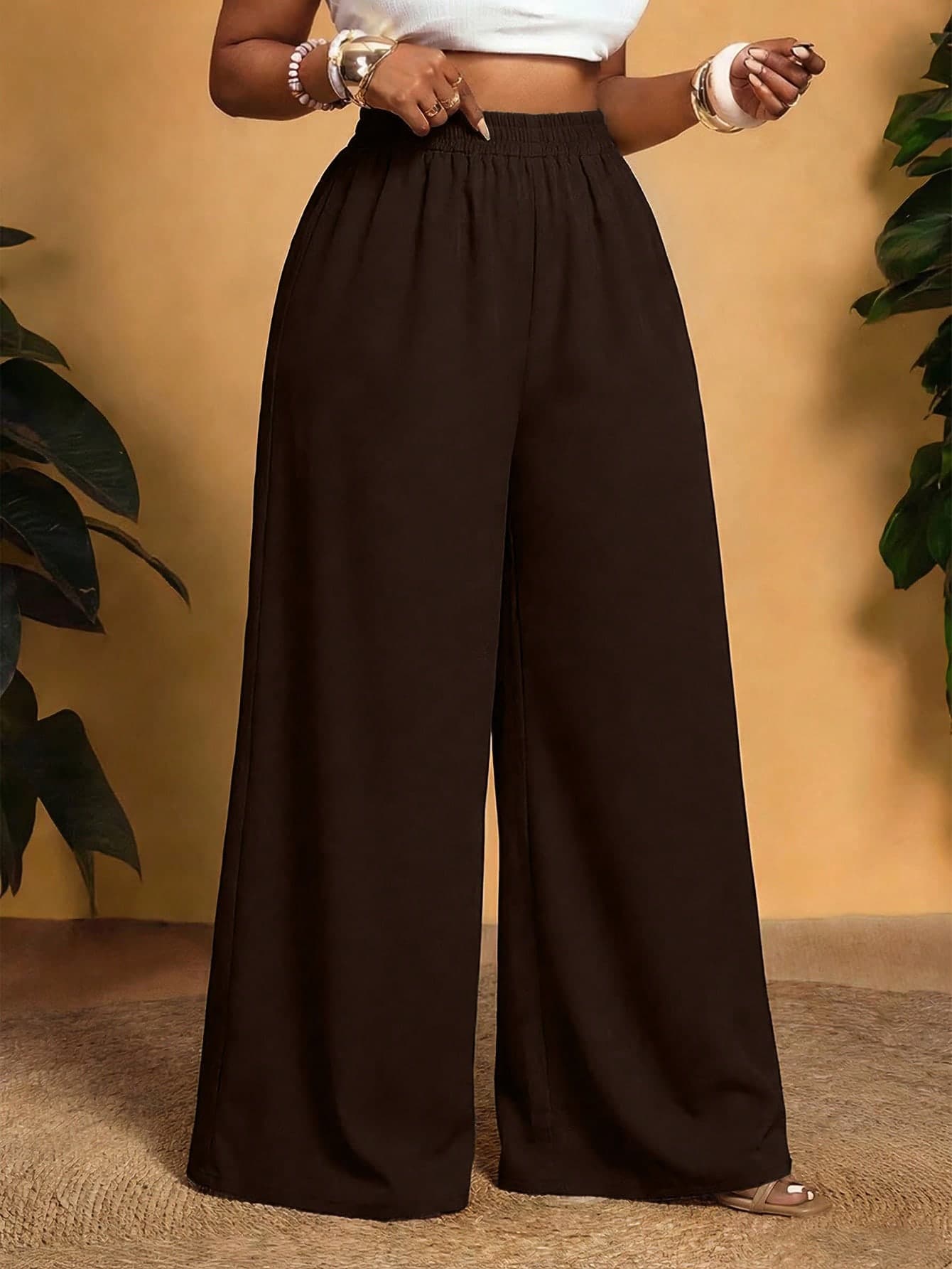 Veslaya Plus Size Solid Color Elastic Waist Casual Palazzo Pants Fall
