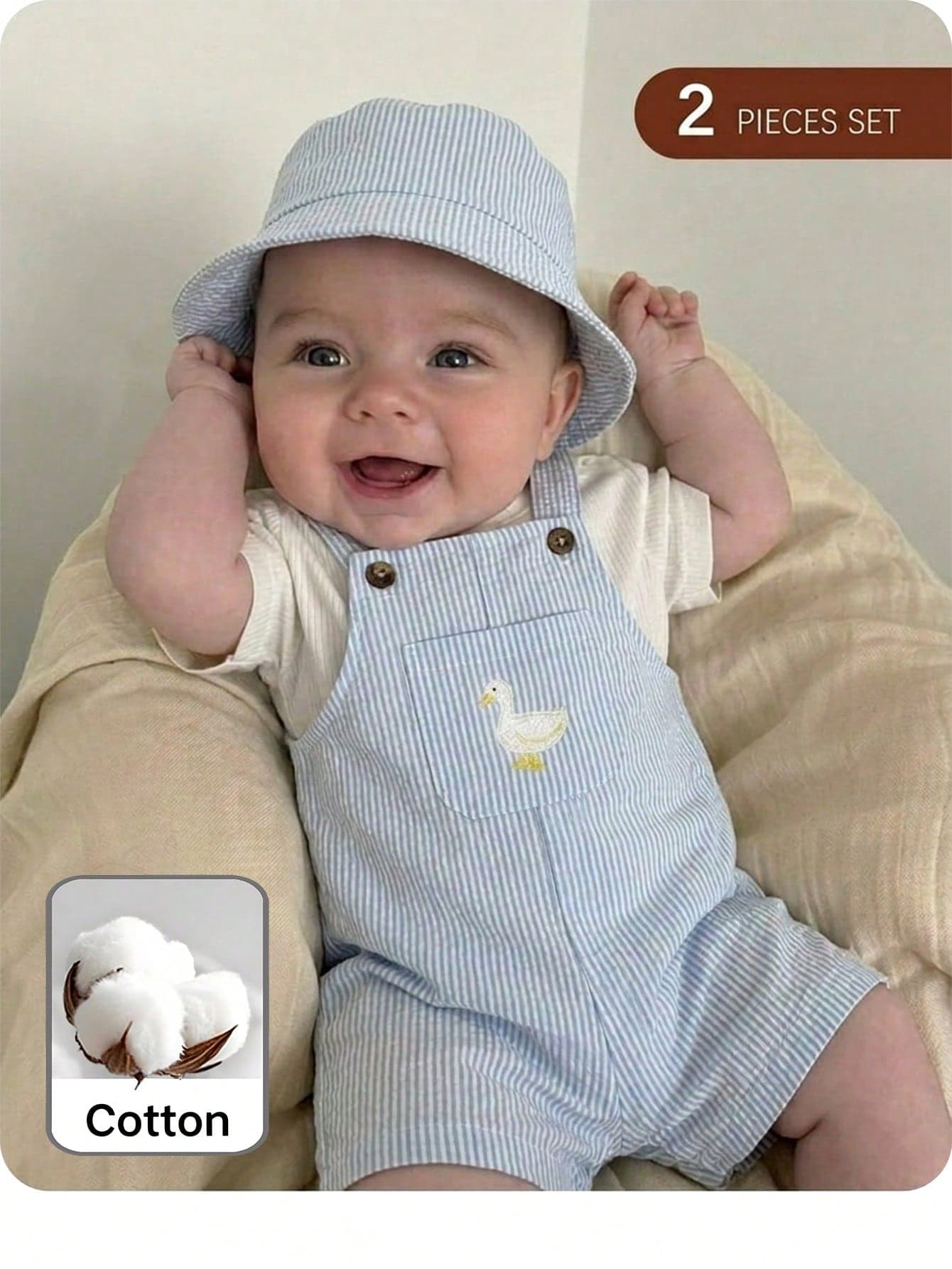SHEIN Newborn Baby Boy Cute Summer Versatile Cartoon Duck Striped Romper&Hat Set Overall Sleeveless Blue Vintage Outfit Goose Preemie Clothes For