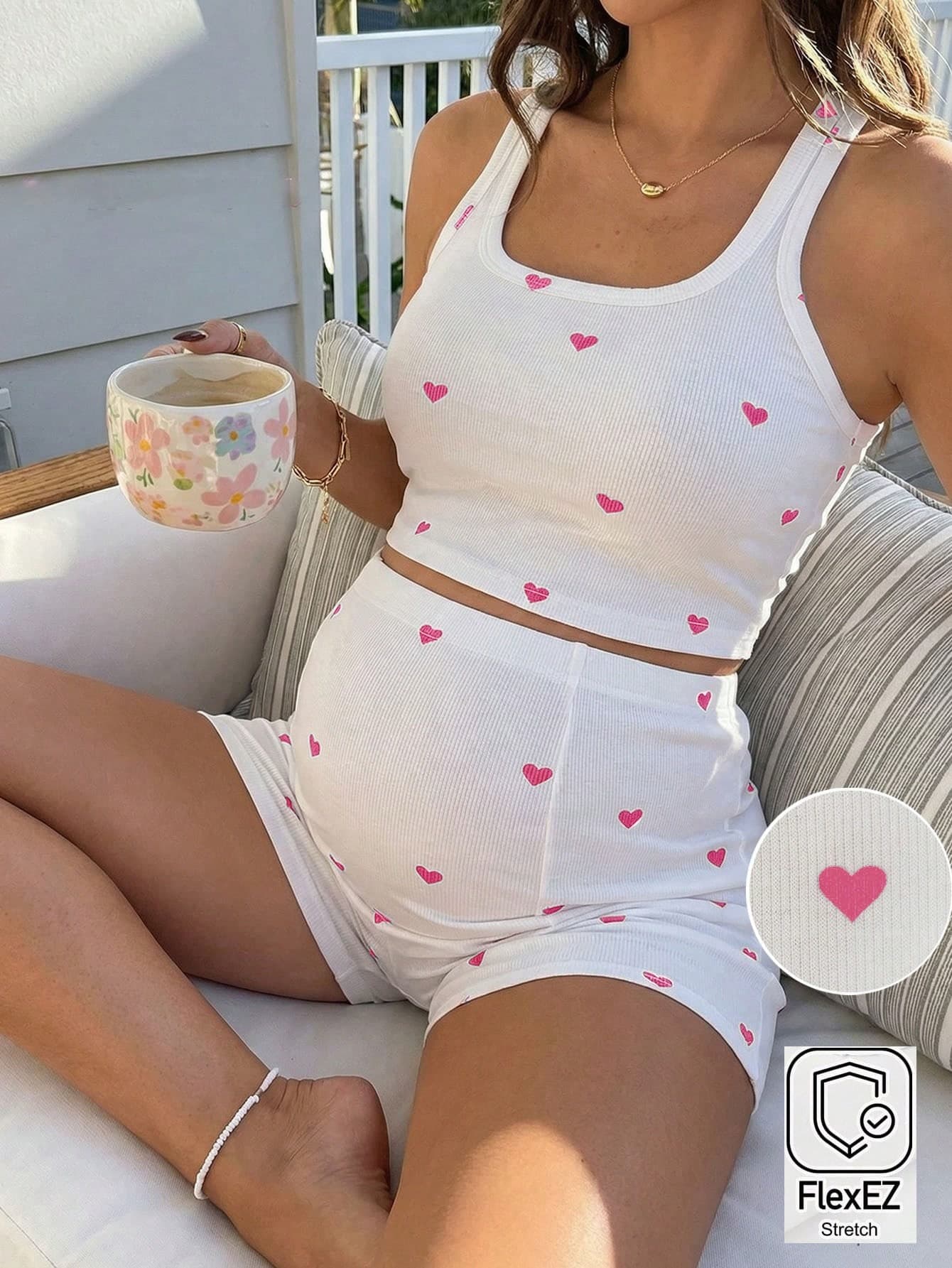 SHEIN Maternity Summer Casual Vacation & Commute Heart Print Cropped Tank Top And Shorts 2 Pieces Set World Cup