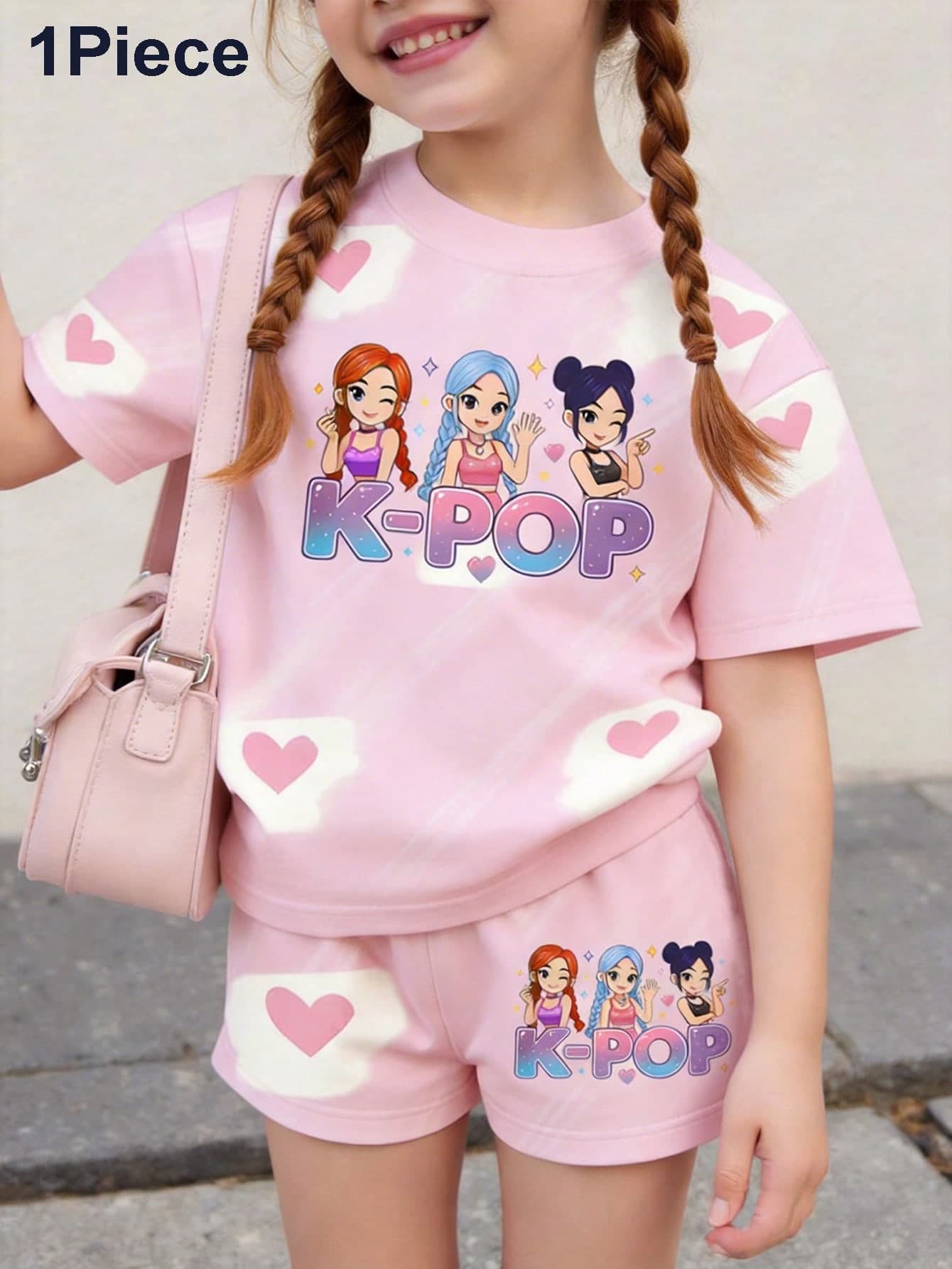 1pc Young Girl 3D Printed Short Sleeve Top,Cute Girl Group Image,Heart Bubble Decor,Soft Sweet Korean Aesthetic Pink,Summer,School Children Fashion