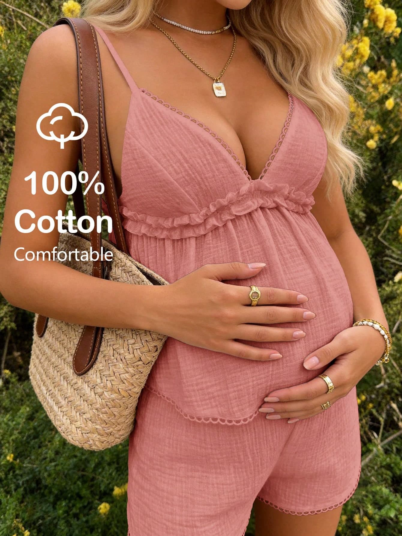 Lyckli 2pcs Maternity Summer Minimalist Textured Camisole Top And Shorts Set