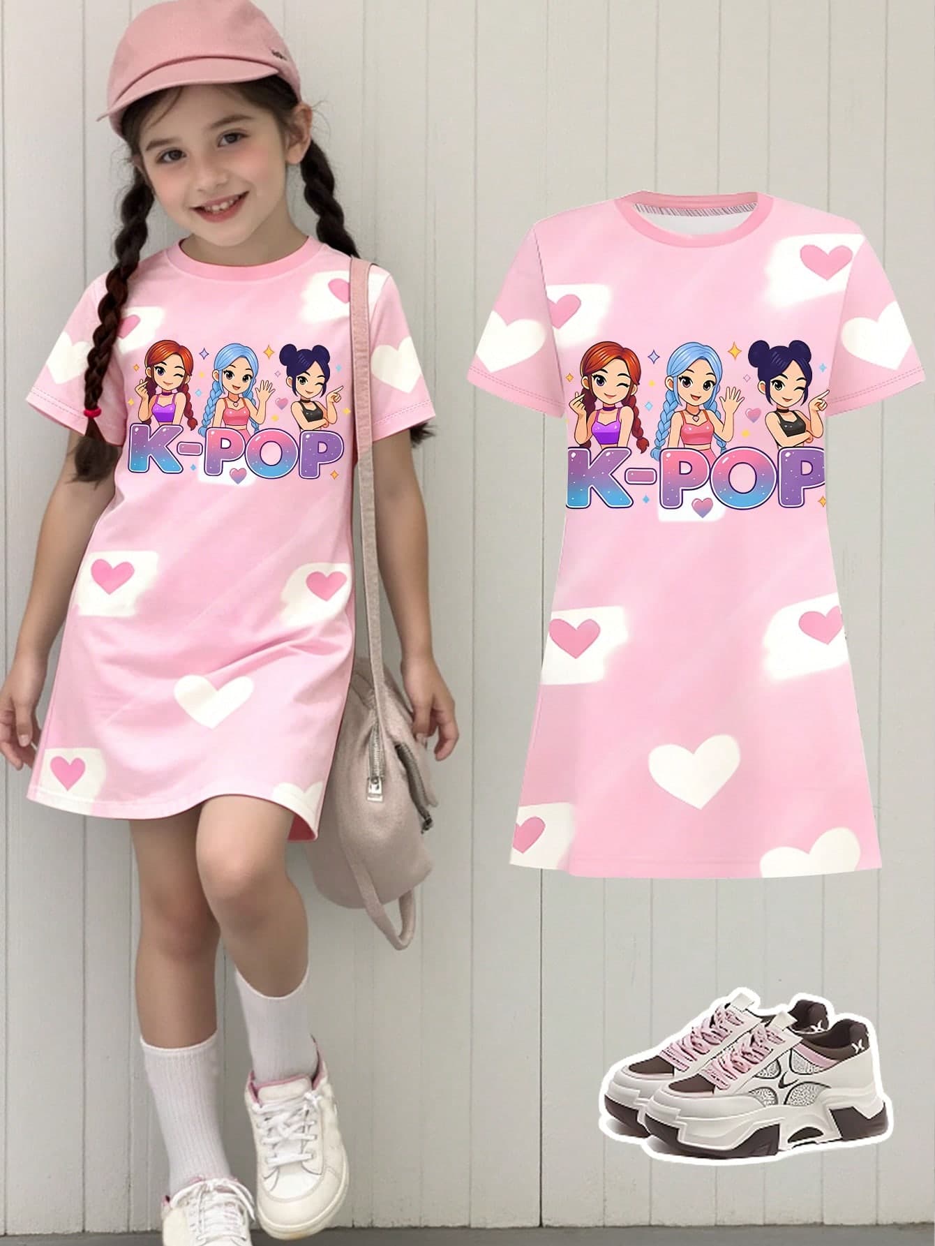 SHEIN Elladie kids 1pc Young Girl Dress Printed With Cartoon Girl Group Image,Logo And Heart Bubble Decor,Summer School Back-To-School Pink Fairy T-Shirt Dress,Korean