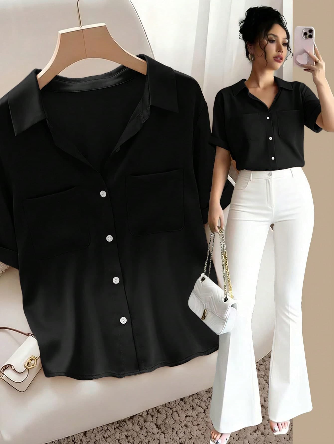 SHEIN Raffinéa French Elegant & Minimalist Black Summer Basic Office Blouse For Women,Woven Fabric Polo Collar Short Sleeve Pocket Design,Gathering,Travel,School