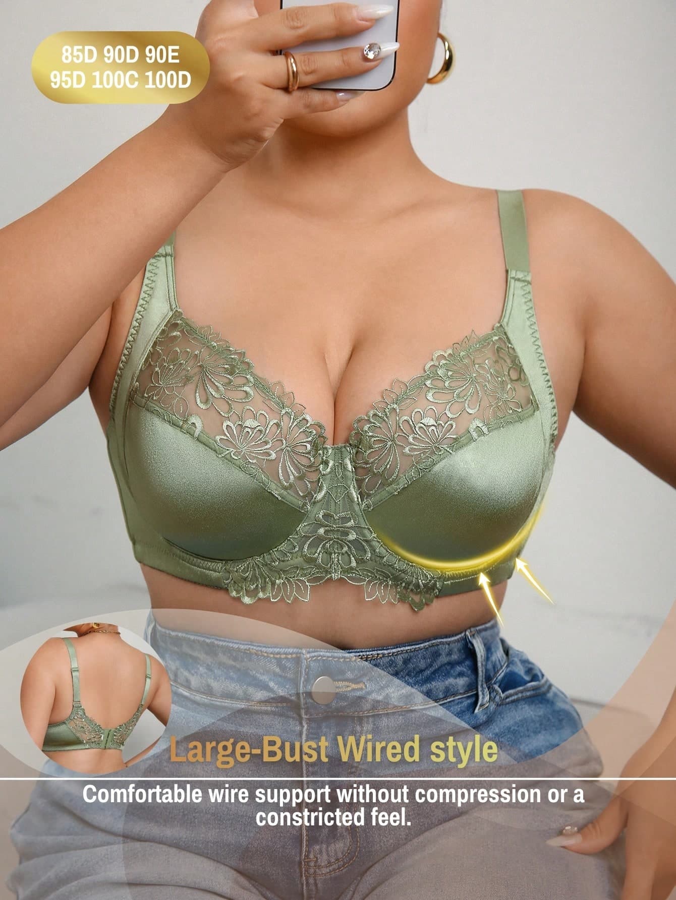 DesireSculpt 1pc Plus Size Solid Color Ultrafine Mesh Lace Soft Embroidered Underwire Bra