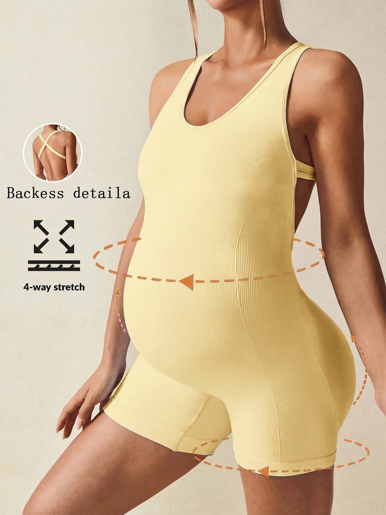 SHEIN Maternity Solid Color U-Neck Backless Criss-Cross Back Fitted Romper, Summer,Word Cup
