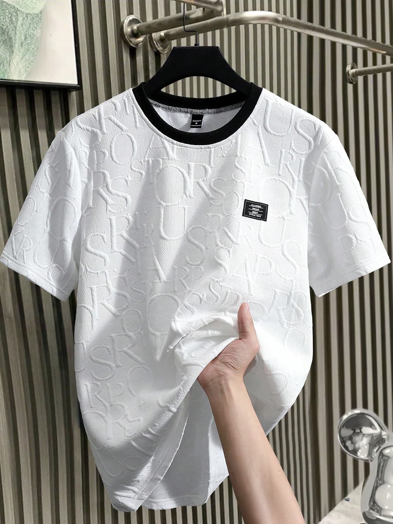 Manfinity Homme Men's Short Sleeve T-Shirt, Knitted Letter Jacquard Design, Fashionable Versatile Style, Suitable For Casual Daily Wear, Easy To Put On