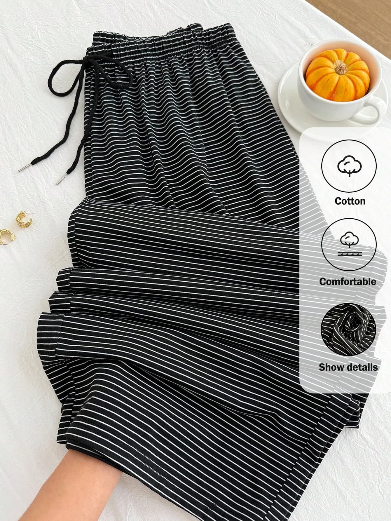 Comfortcana Plus Size Black And White Striped Casual Drawstring Pants, Autumn/Winter Stripe Pants Club Lounge Formal Fall