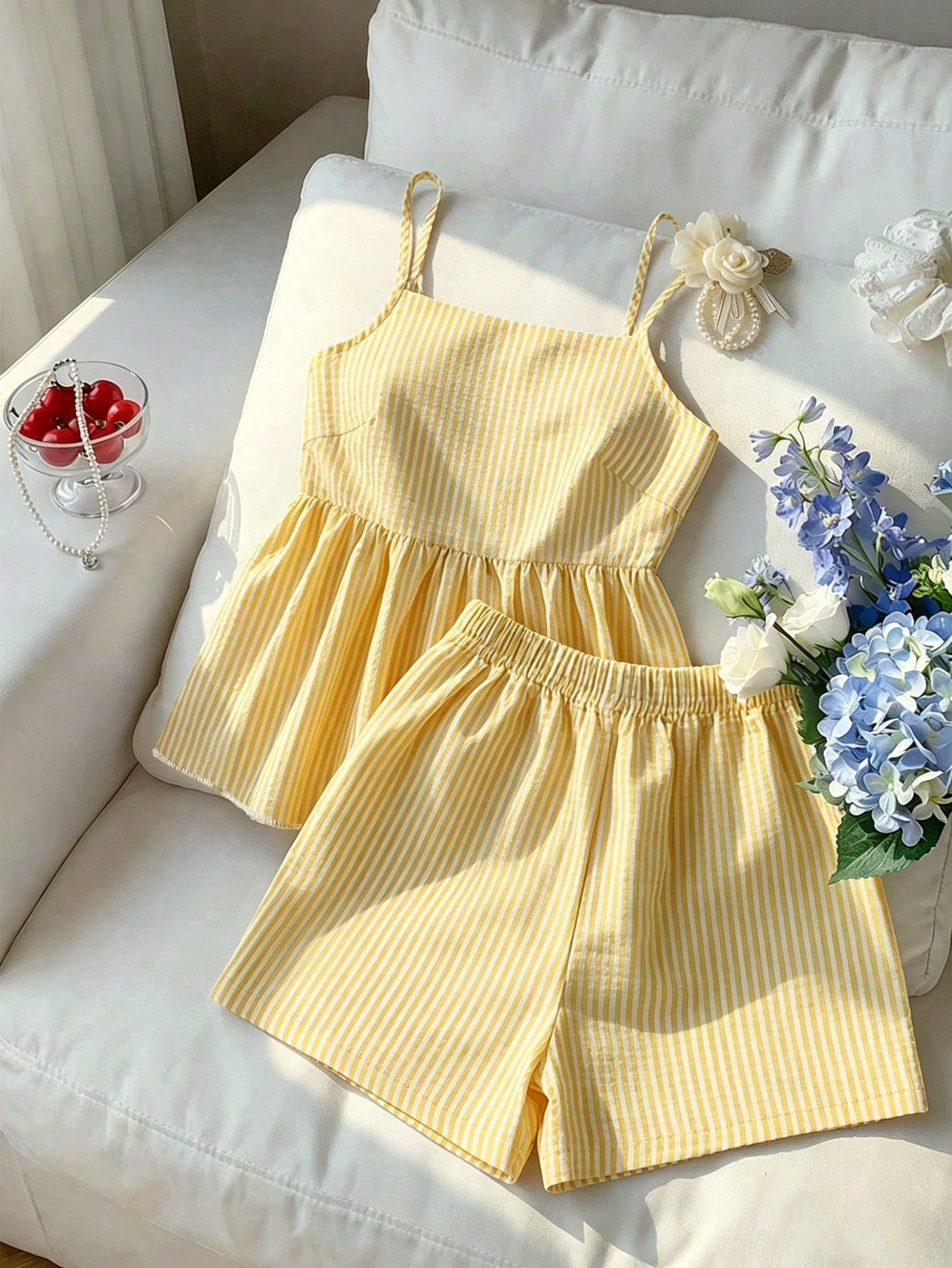 SHEIN 2pcs/Set Teen Girls Fashion New Spring/Summer Casual Chiffon Cherry Digital Print Camisole Top And Digital Print Elastic Waist Shorts, Vacation Outfit
