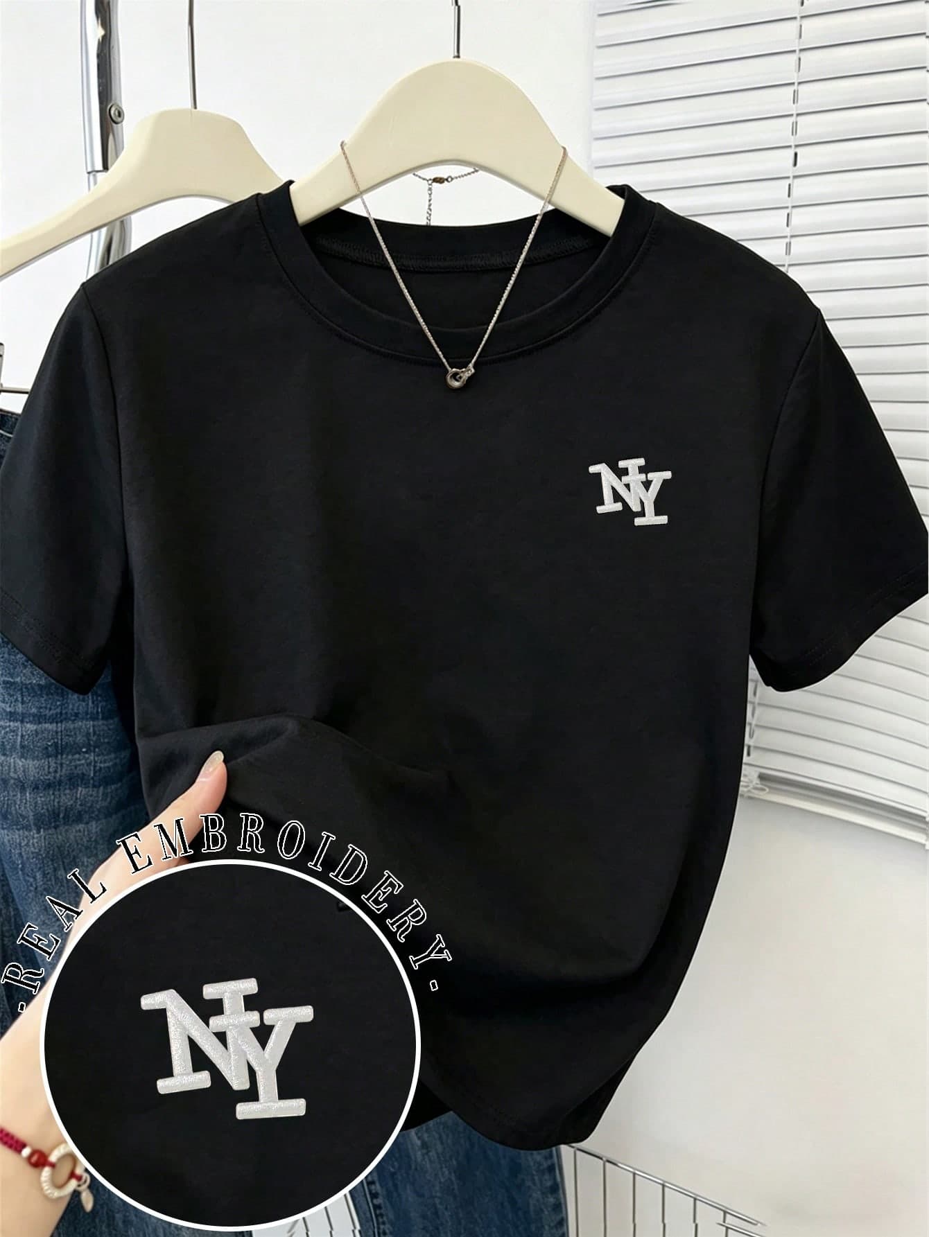 Resyla Women's Black NY Letter Embroidered Loose Round Neck Short Sleeve T-Shirt,Elegant & Comfortable Design,Black N White,Summer,Casual,City Break Tee