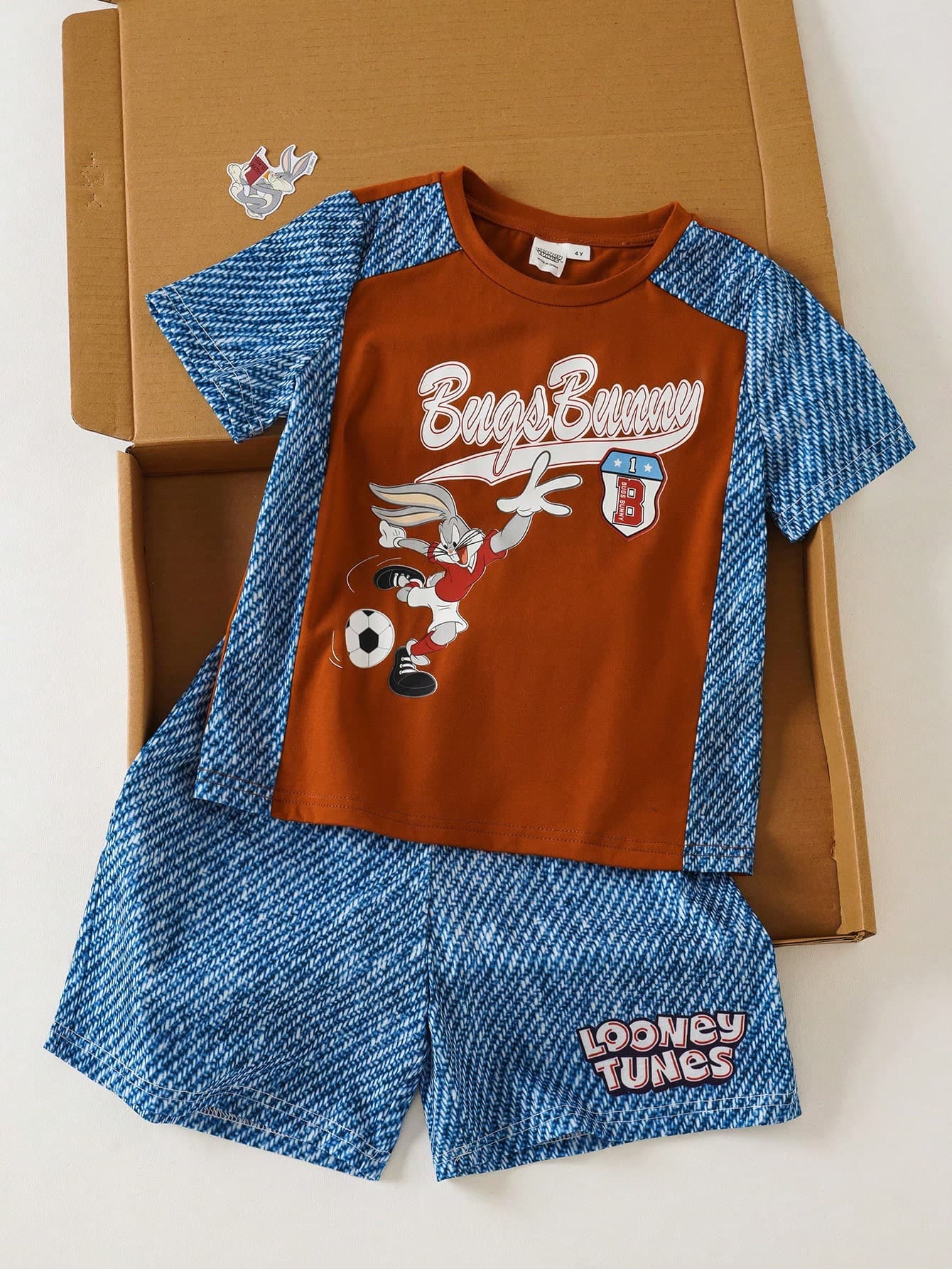 LOONEY TUNES X SHEIN 2pcs/Set Young Boy Casual Style Color Block Letter & Cartoon Print Short Sleeve T-Shirt And Shorts Set