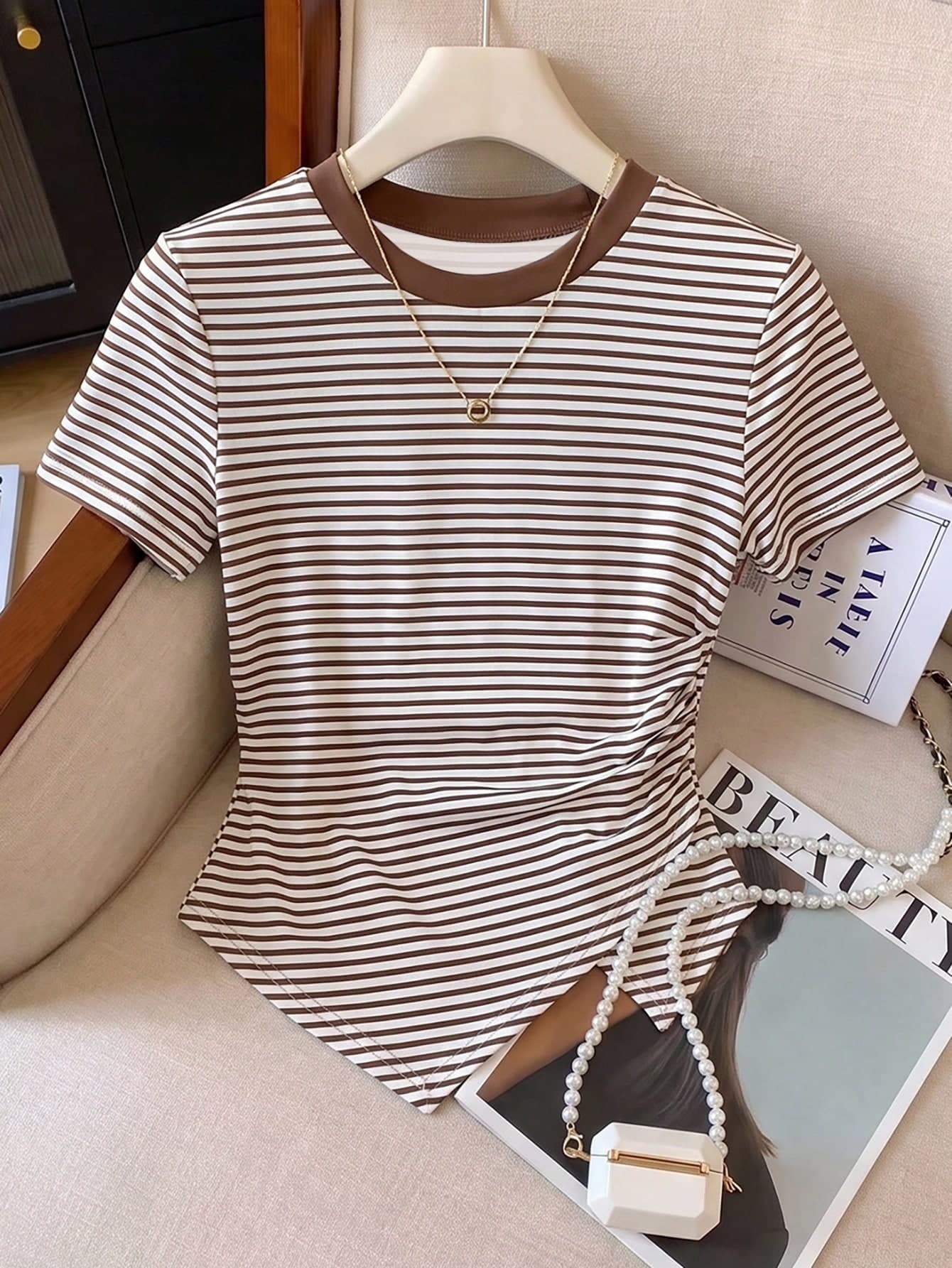 GlowEve Women's Beige Summer Casual City Break T-Shirt, Striped Printed Asymmetric Hem, Side Ruffles Contrasting Color Round Neck Soft Comfortable Clothing