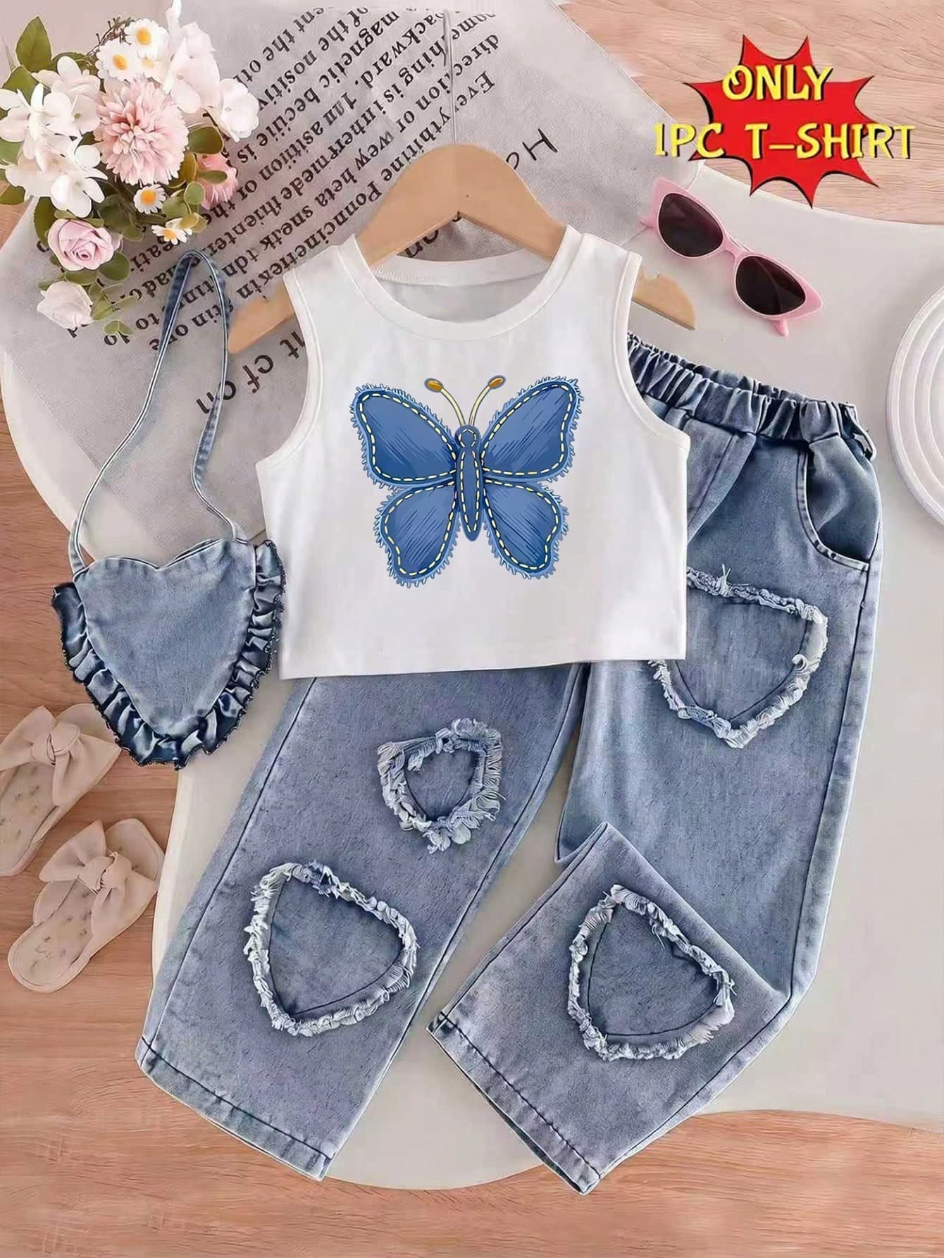 Young Girl Vintage Minimalist Creative Butterfly Print Tank Top, Suitable For Outings, Casual Wear, Matching , Summer Top
