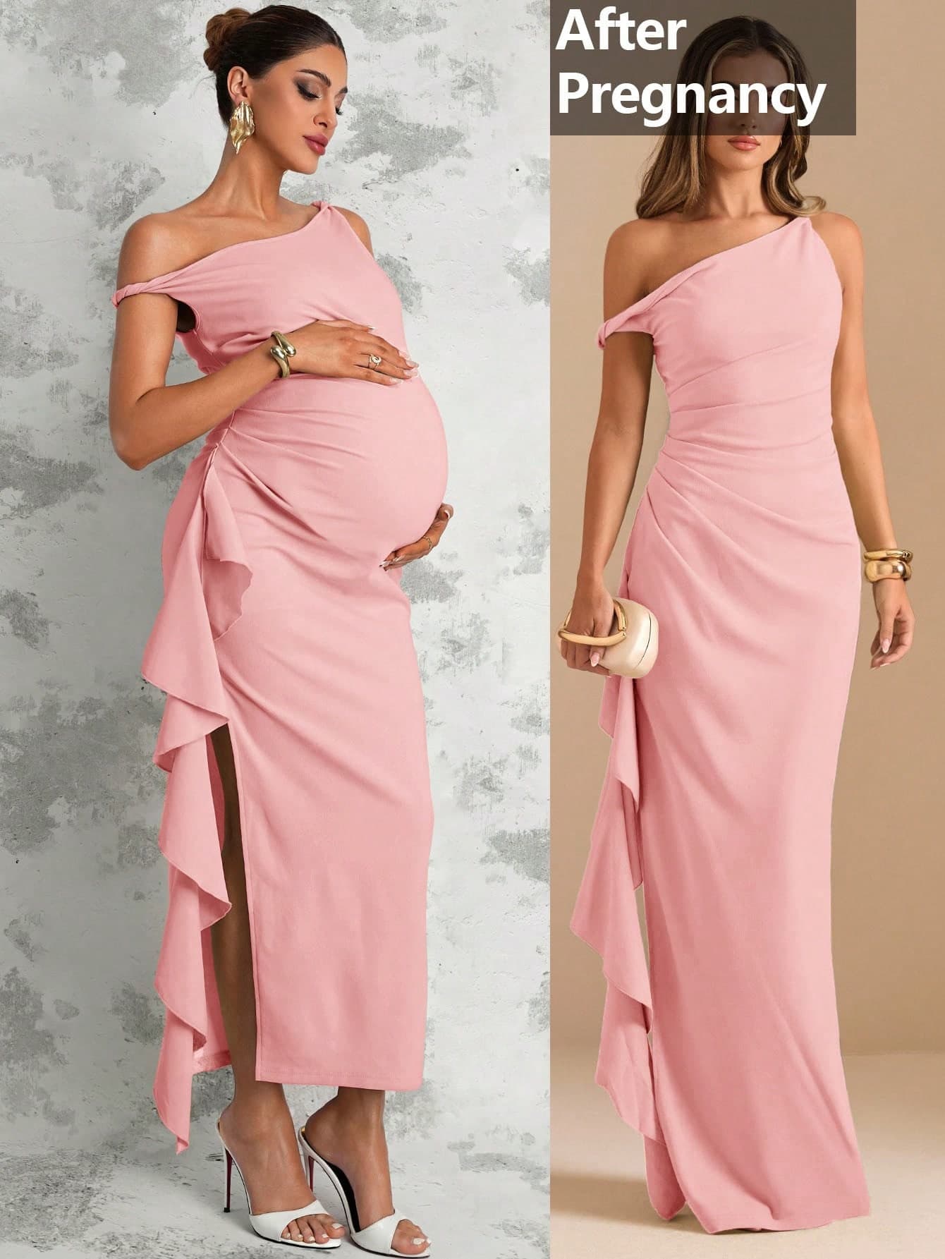 MaterniChic Maternity Solid Color Minimalist Casual Asymmetrical Shoulder Dress