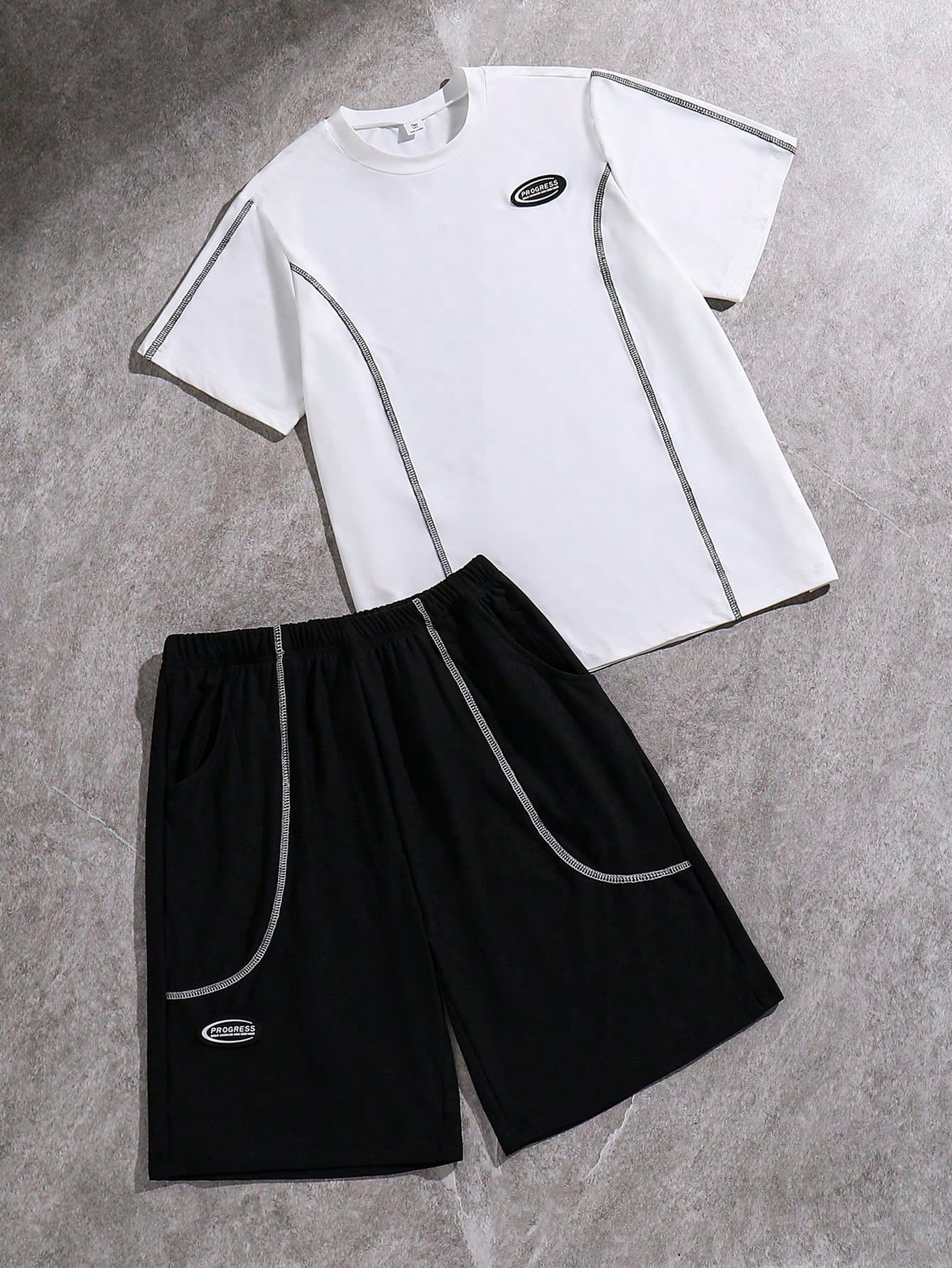 Coolqubz 2pcs/Set Teen Boys Casual White Topstitching Decor Round Neck T-Shirt & Matching Shorts Set, Fashion Suitable For Daily, Commuting, Sports Wear