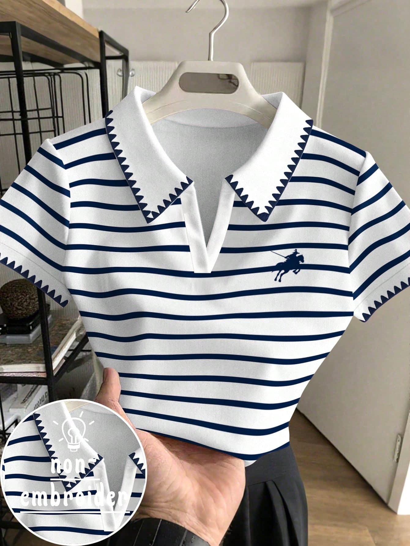 Rovax Women's Short Polo Shirt With Striped Horse Riding Print, Contrast Color Collar