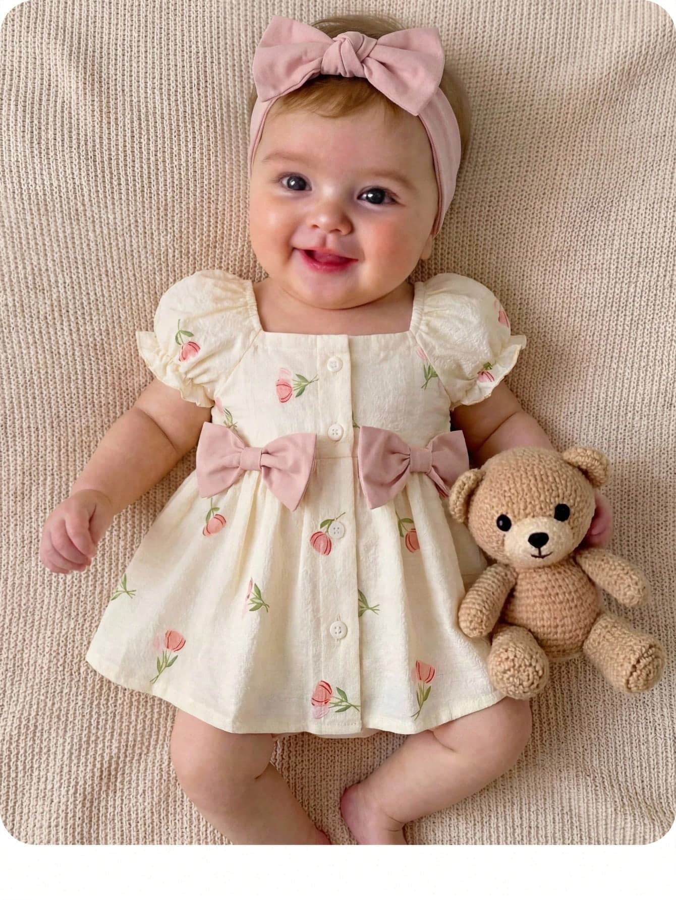 1-Piece Newborn Summer Cute Vacation Floral Pattern Bubble Short-Sleeve Square Neck Dress 1 Month Baby Girl Yellow Outfits For New Born Daisy Clothes