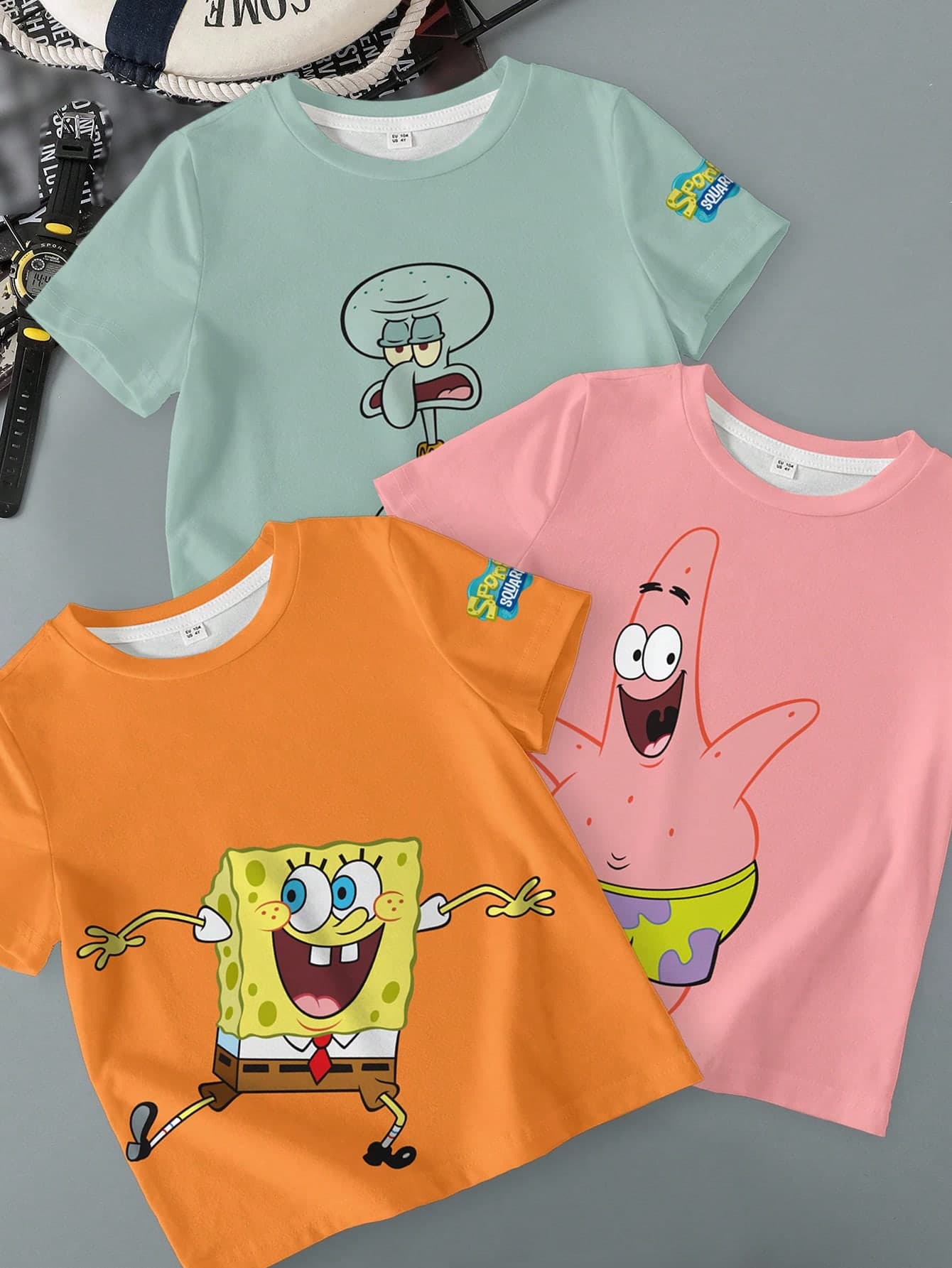 SpongeBob SquarePants | SHEIN Young Boy Cute Cartoon Print Round Neck Short Sleeve T-Shirt, Multi-Pack, Summer