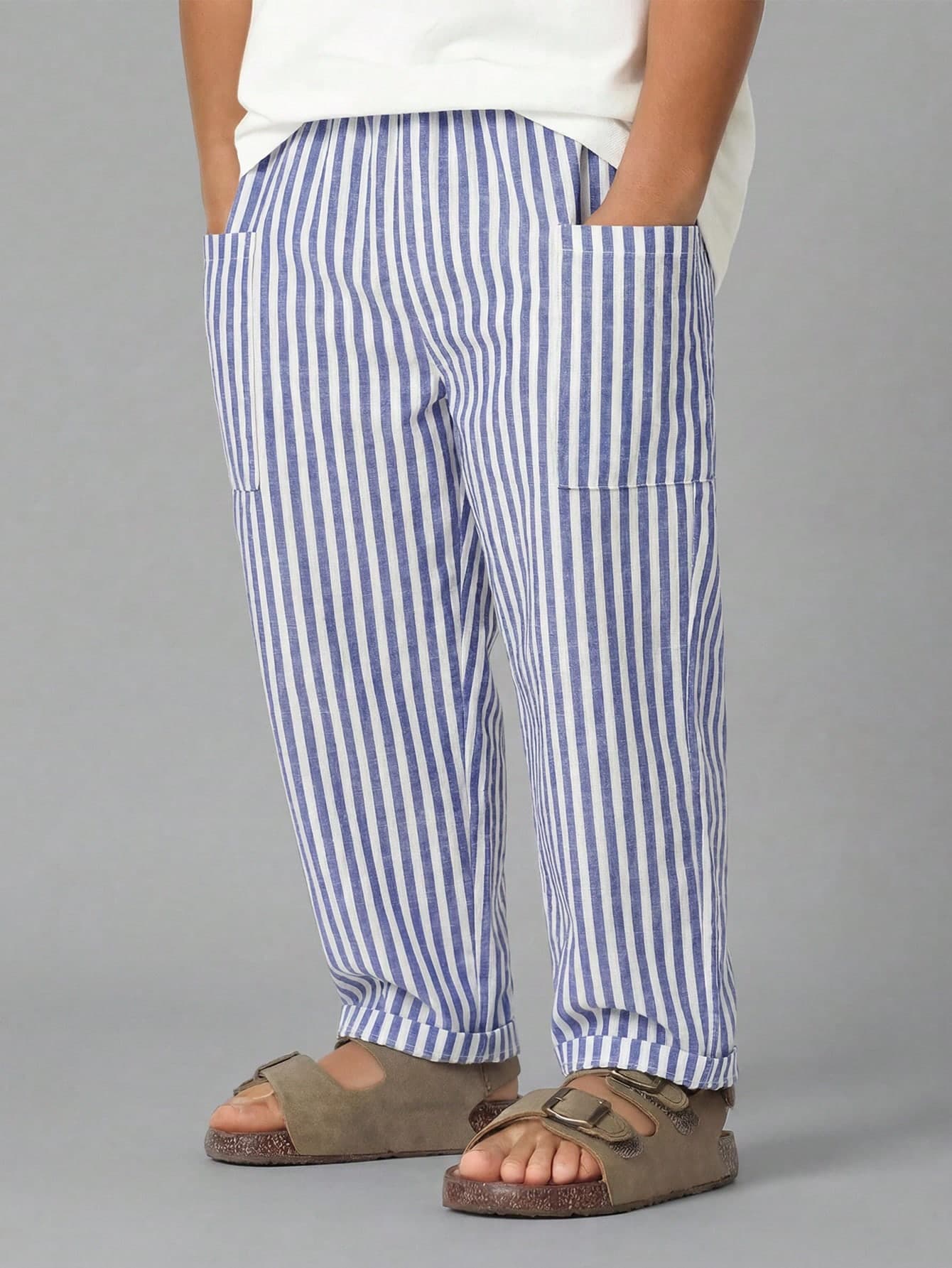 SHEIN 1pc Kids/Tween Boys' Blue & White Striped Elastic Waist Side Pocket Casual Pants, Comfortable & Versatile
