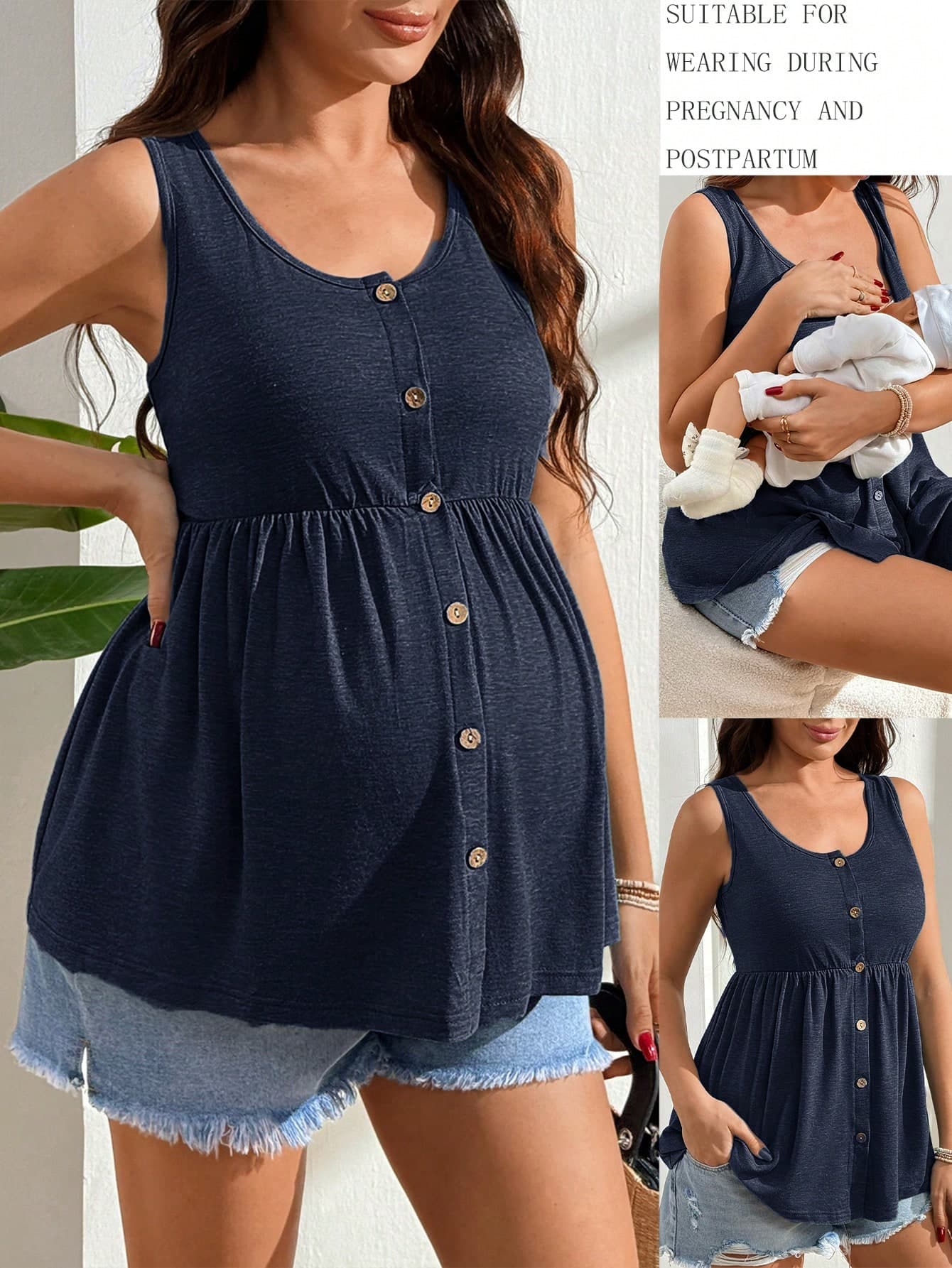 SHEIN Solid Color Single-Breasted Casual Nursing Top For Pregnant Women