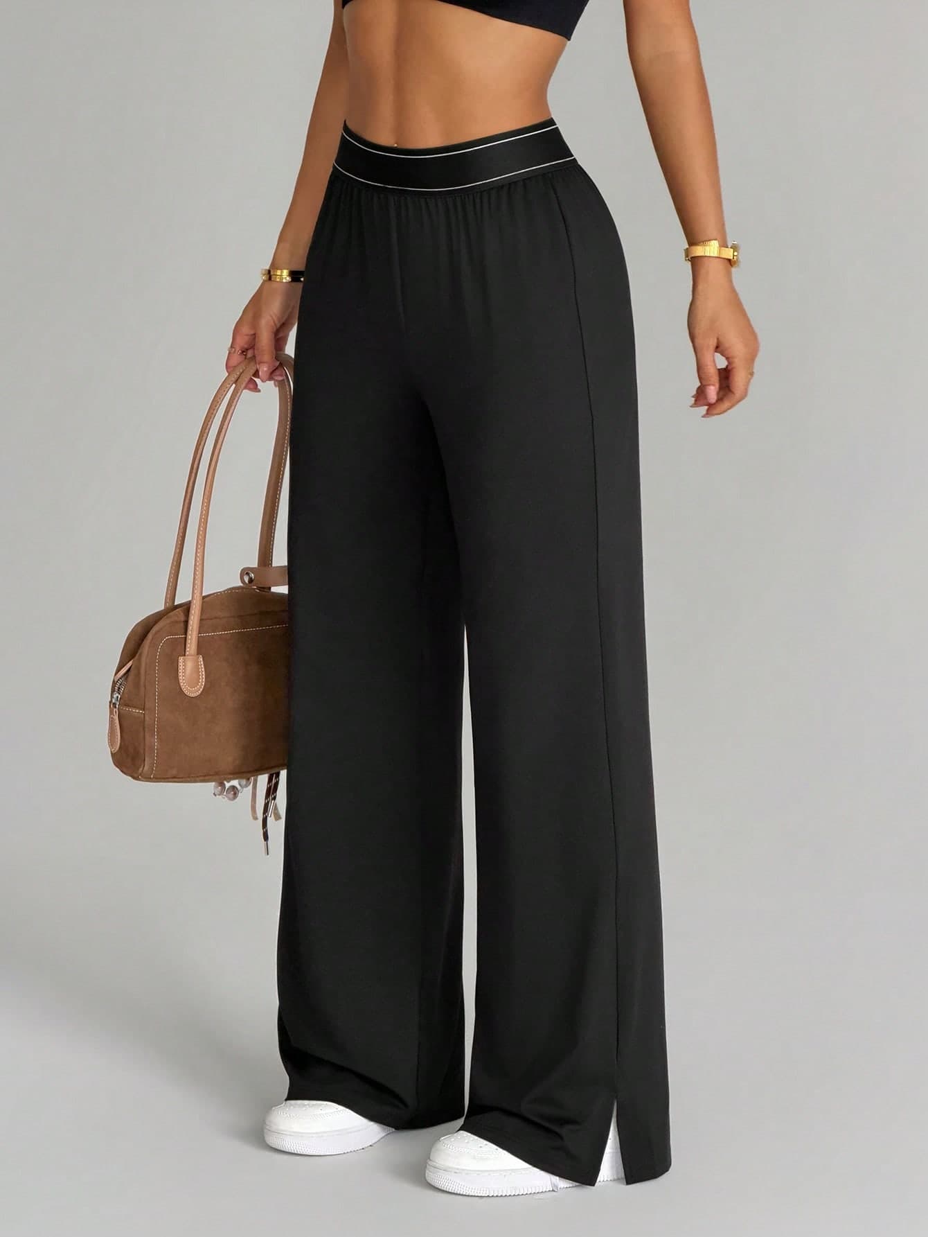 SHEIN With My Calm Casual Versatile Black High Elastic Waistband Side Slit Design Comfortable Slimming Sports Pants