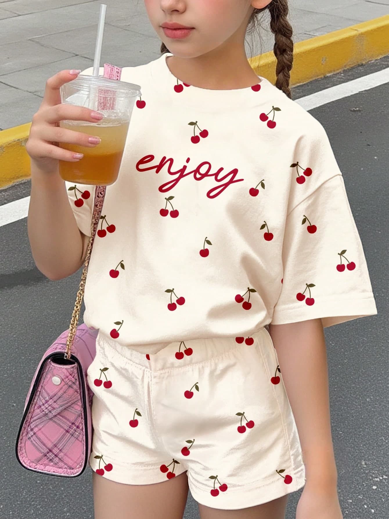 Tween Girl 2 Pieces Set,Cute Red And White Cherry & Retro Letter Print T-Shirt And Shorts,Summer Casual Comfortable Round Neck Short Sleeve Outfits